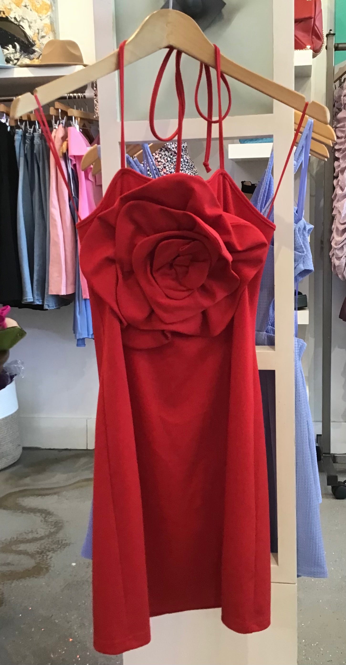 Elegant Red Halter Mini Dress with Large Floral Detailing & Self-Tie Neckline - Perfect for Summer Parties, Date Nights & Beach Vacations