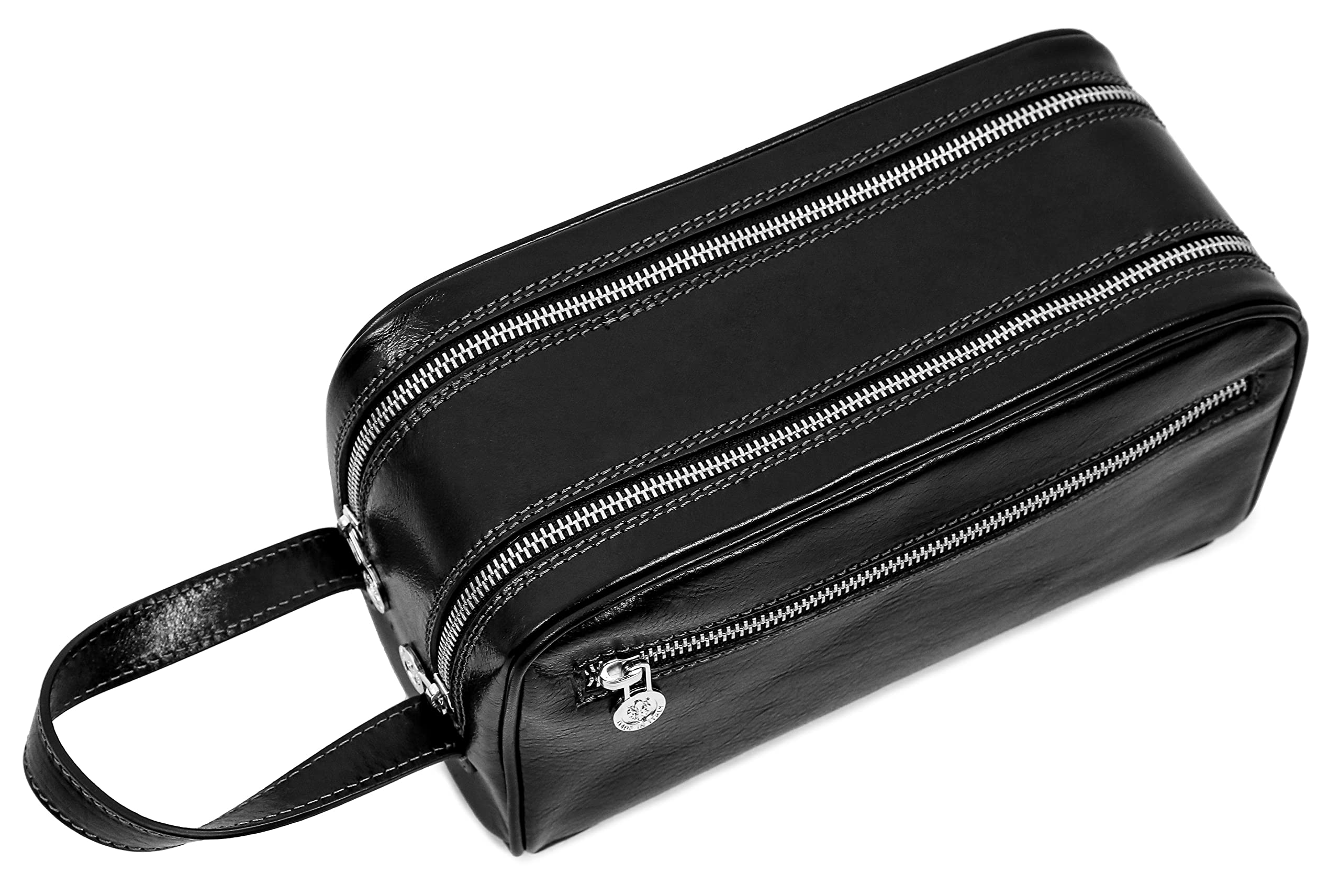 Italian Genuine Leather Cosmetic Bag & Toiletry Organizer - Waterproof Travel Dopp Kit for Men & Women - Durable Black Leather Makeup Pouch - Perfect for Travel, Gym, and Daily Essentials Storage