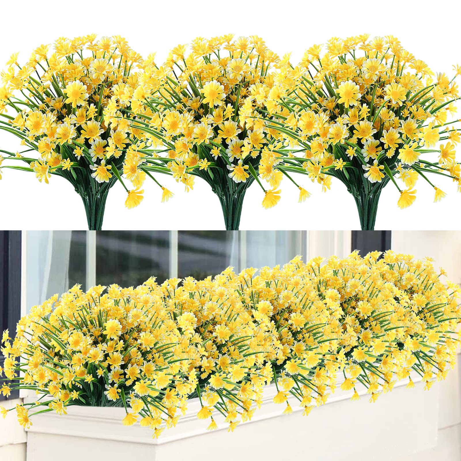 24 Pack Artificial Daisy Flowers Outdoor Fake Flowers - UV Resistant Fade Proof Plastic Garden Decor for Porch, Window Box, Wedding, Party (Yellow) - Perfect for Home, Office & Event Decorations