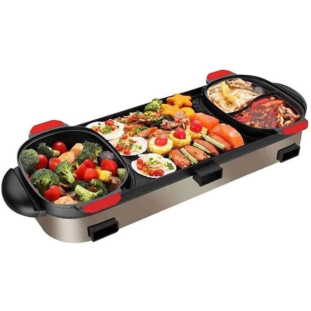 Portable Electric Grill & Hot Pot with Removable Divider - Non-Stick Teppanyaki BBQ, Shabu Shabu & Chafing Dish - Large Capacity Multi-Functional Cooker for Indoor/Outdoor Cooking, Camping & Parties