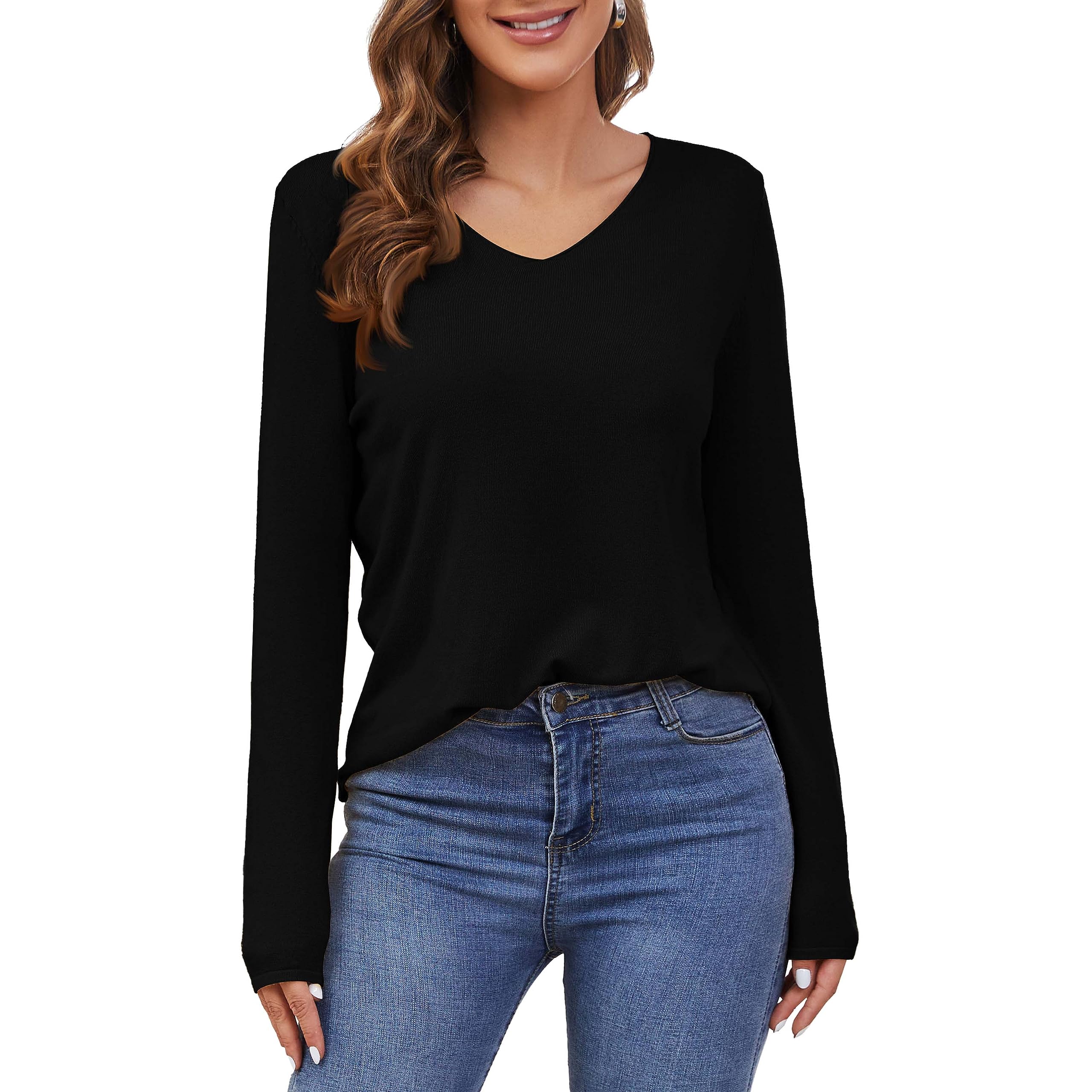 Women's V-Neck Pullover Sweater - Soft Knit Lightweight Long Sleeve Jumper Top for Casual Wear & Office Outfits | Cozy Fall & Winter Fashion