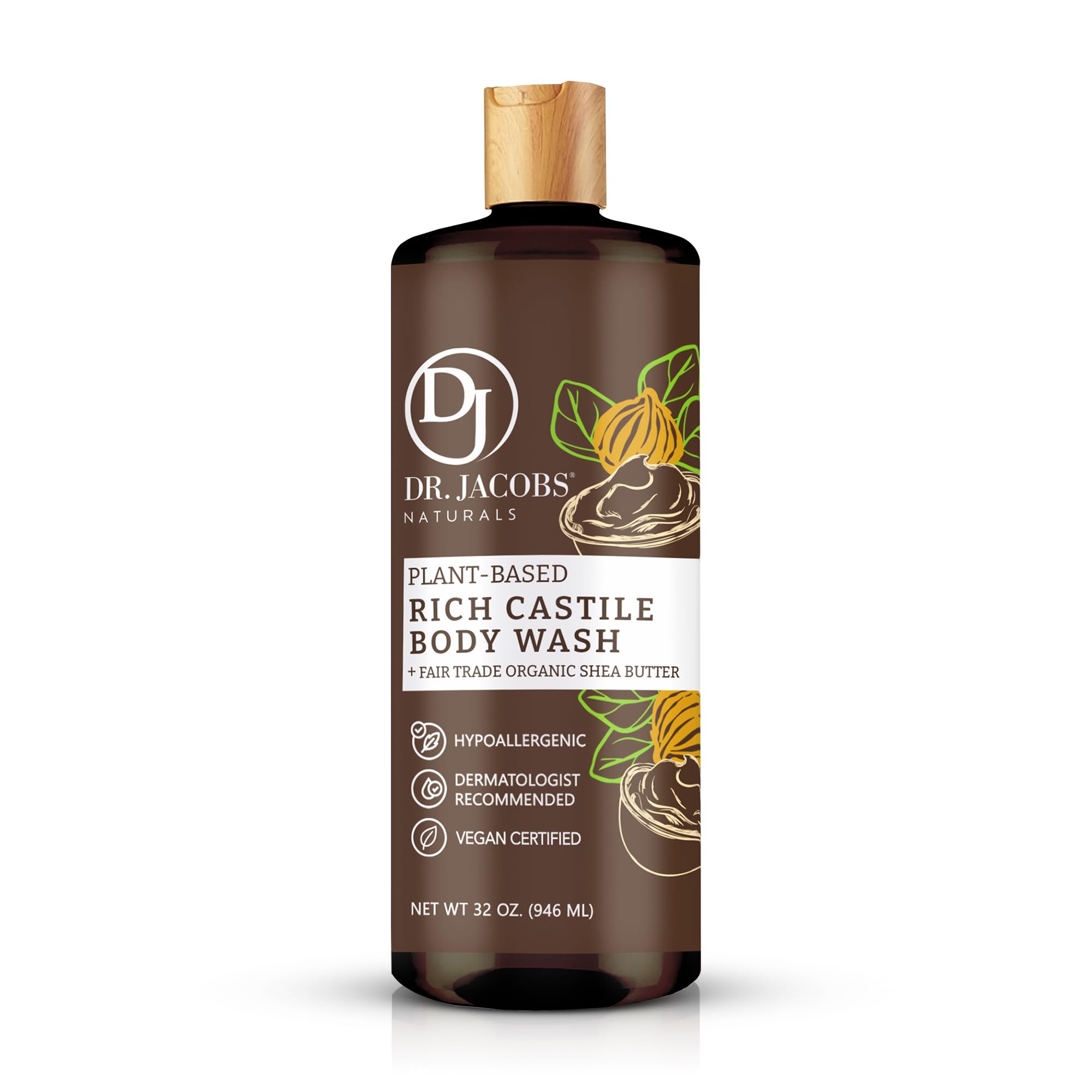DR. JACOBS NATURALS Castile Shea Butter All-Natural Body Wash & Shampoo for Dry, Sensitive Skin - Plant-Based, Moisturizing Formula, Gluten & Preservative-Free - 32 oz (Pack of 1) - Perfect for Daily Shower & Gentle Hair Care
