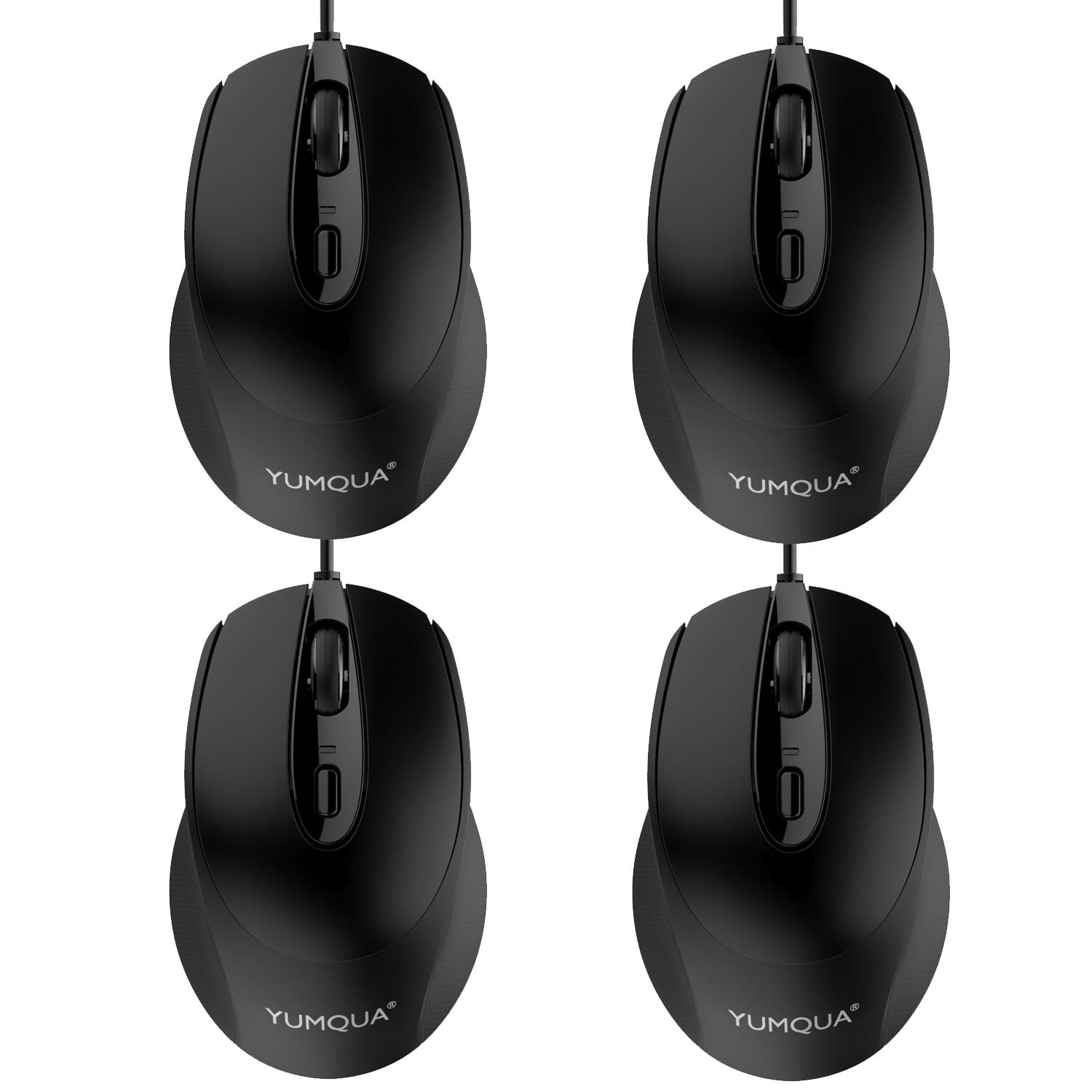 YUMQUA G222 Wired USB Computer Mouse 4-Pack - Bulk Corded Optical Mice with Silent Click & 2 Adjustable DPI (800/1600) for PC, Laptop, Desktop - Perfect for Office, Home, Gaming, and School Use
