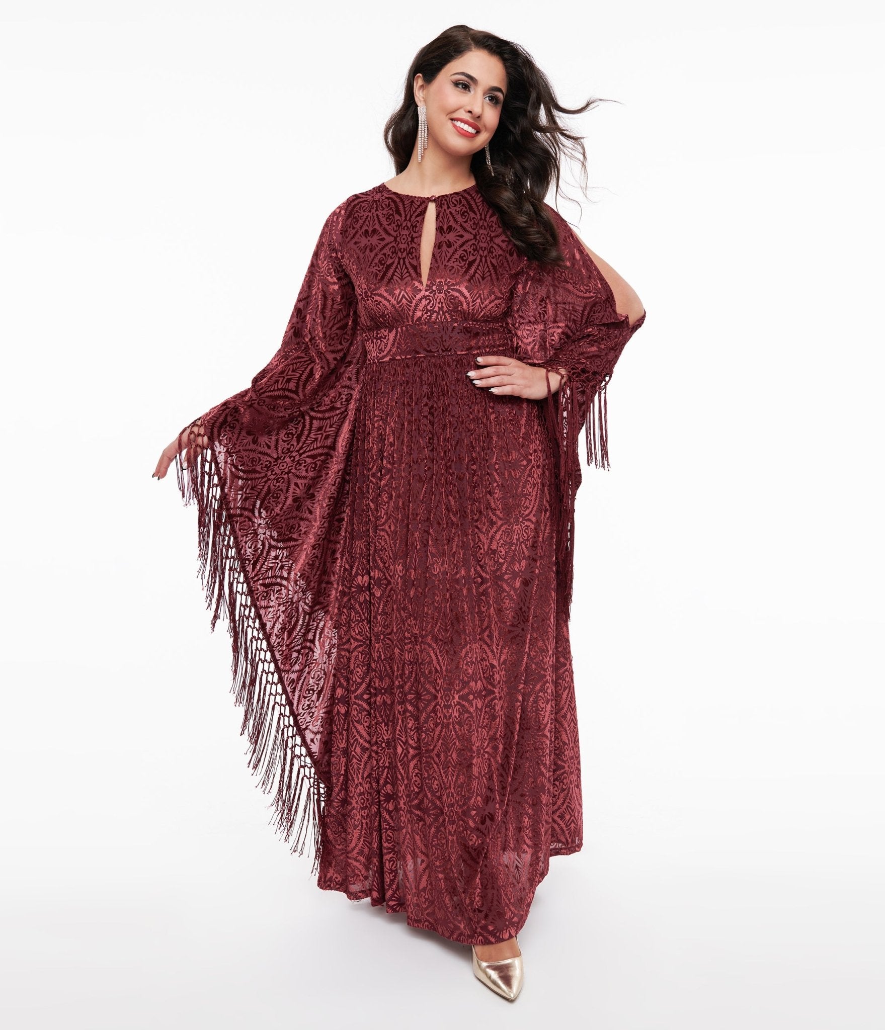 Vintage 1960s Burgundy Velvet Burnout Caftan Dress - Retro Bohemian Maxi Dress for Women - Perfect for Parties, Weddings & Special Occasions