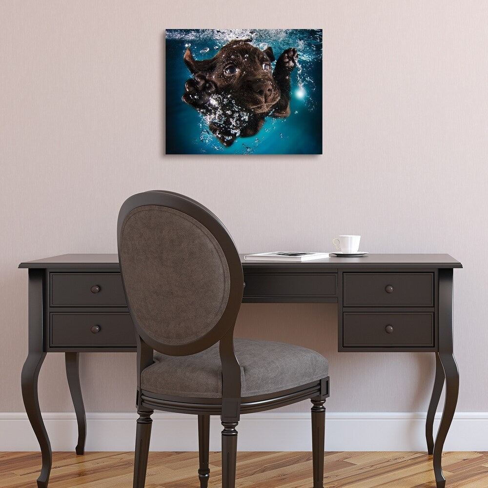Black Lab Dog Wall Art - Frameless Free Floating Tempered Glass Panel in Blue & Brown - Perfect for Living Room, Bedroom, or Office Decor