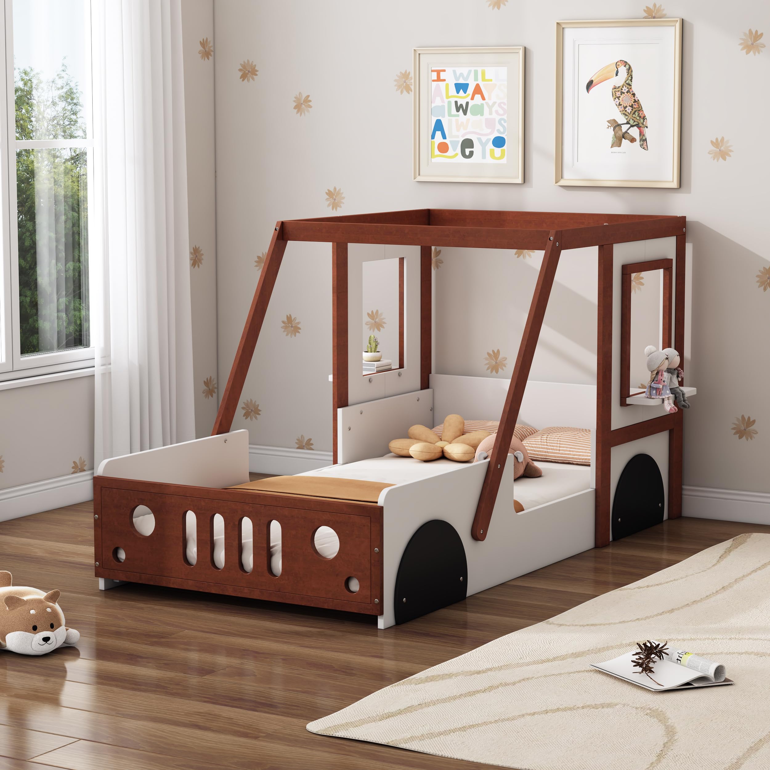 Twin Size Wooden Race Car Bed Frame with Safety Fence & Canopy - Kids Floor Bed for Boys & Girls - White & Walnut Finish - Perfect for Themed Bedrooms, Playrooms & Toddler Sleep Safety