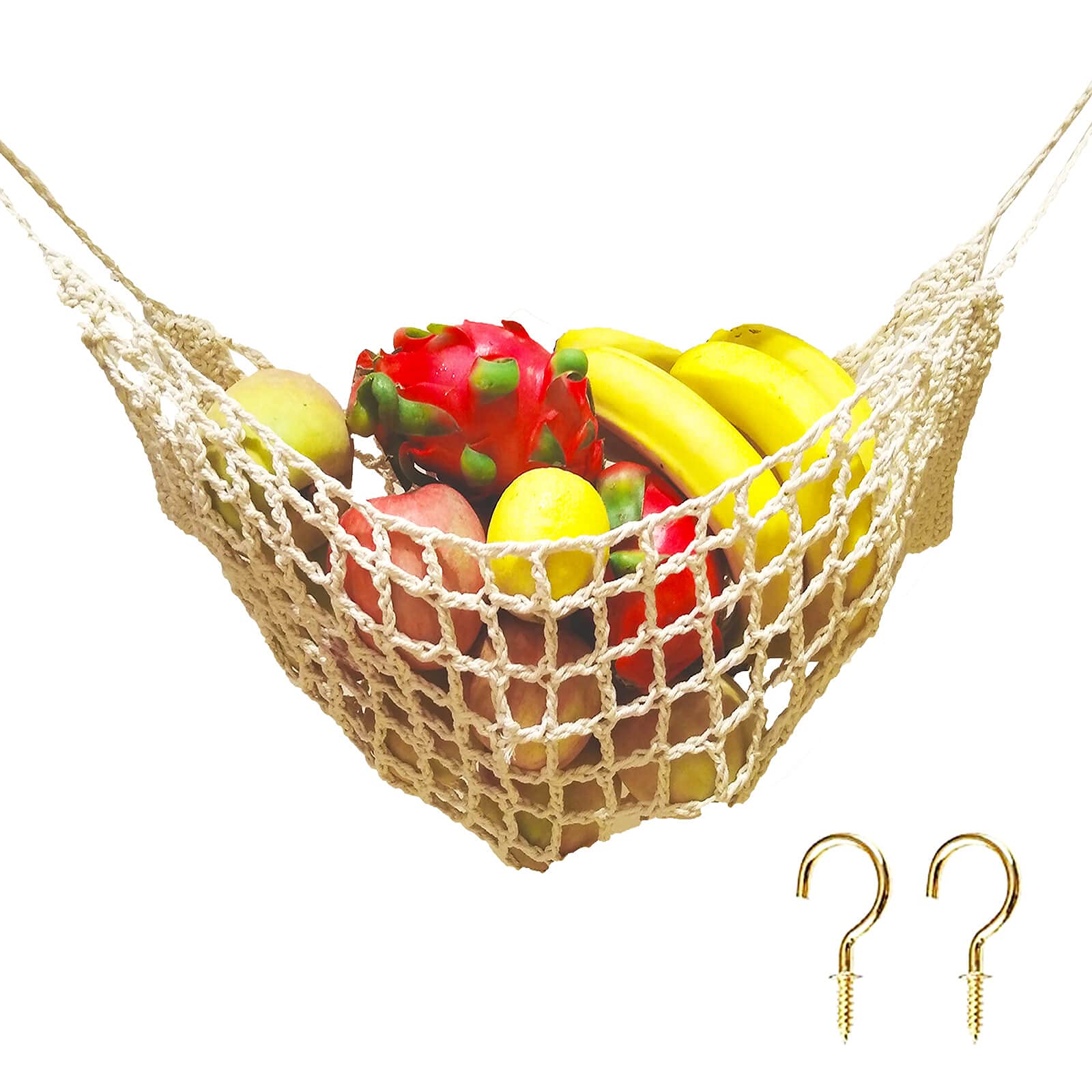 Large Macrame Fruit Hammock Under Cabinet - Space Saving Hanging Basket for Bananas, Vegetables & Fruits - Perfect for Kitchen, RV, Camper & Small Spaces - Natural Cotton Storage Solution for Fresh Produce