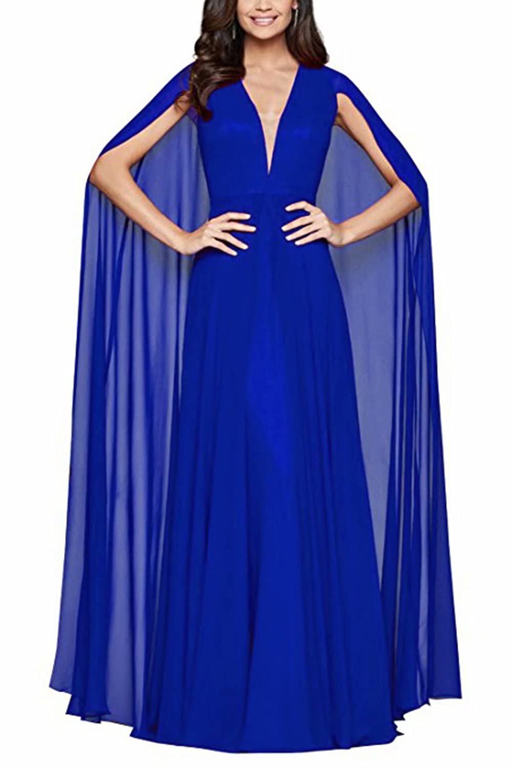 Elegant V-Neck Chiffon Prom Dress with Cape - Formal Evening Gown for Women, Mother of The Bride Dress | Perfect for Weddings, Galas, and Special Occasions