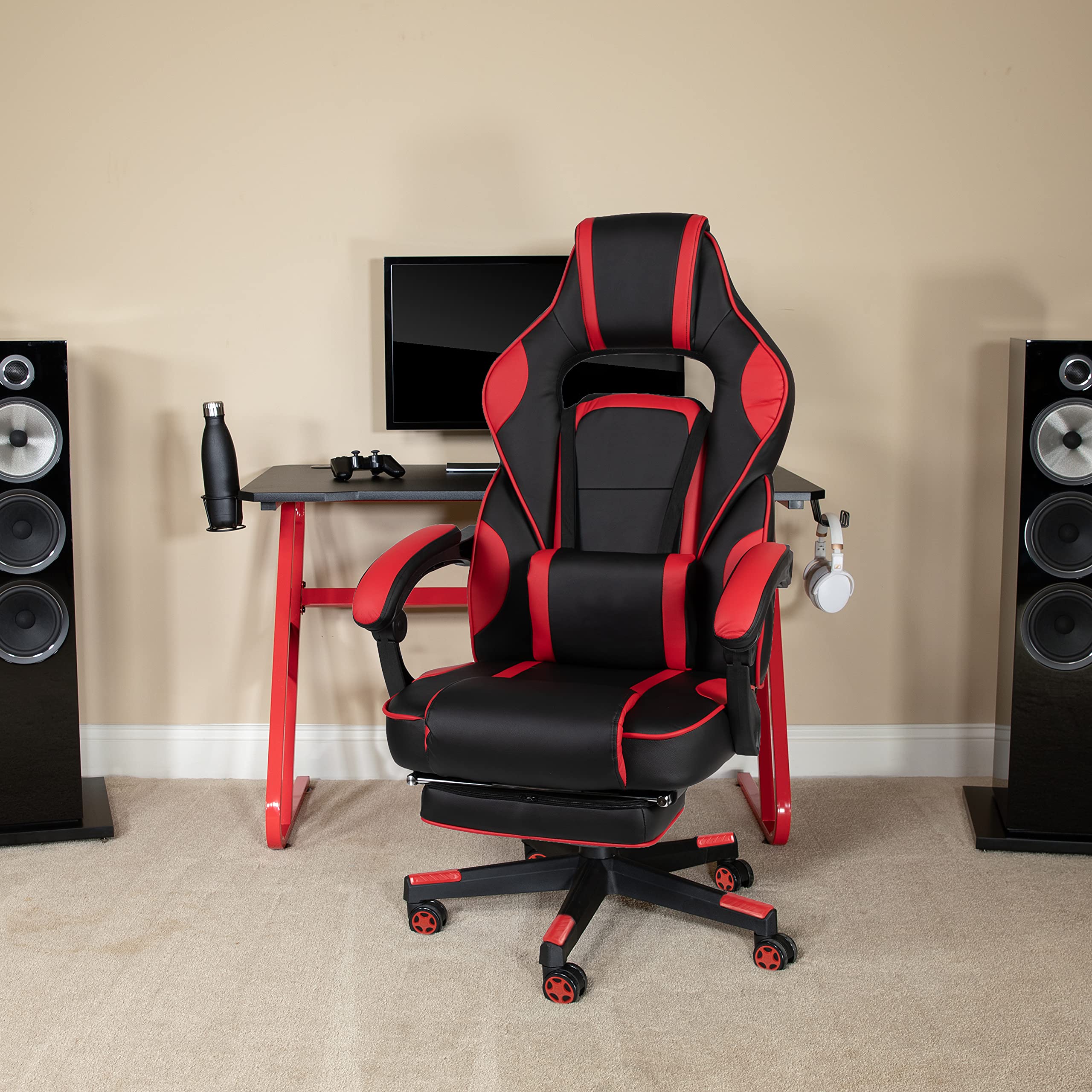 EMMA + OLIVER Premium Gaming Bundle - Ergonomic Cup Holder Headphone Stand Desk & Red Reclining Footrest Chair for Ultimate Gaming Setup | Perfect for PC Gamers, Streamers & Home Office