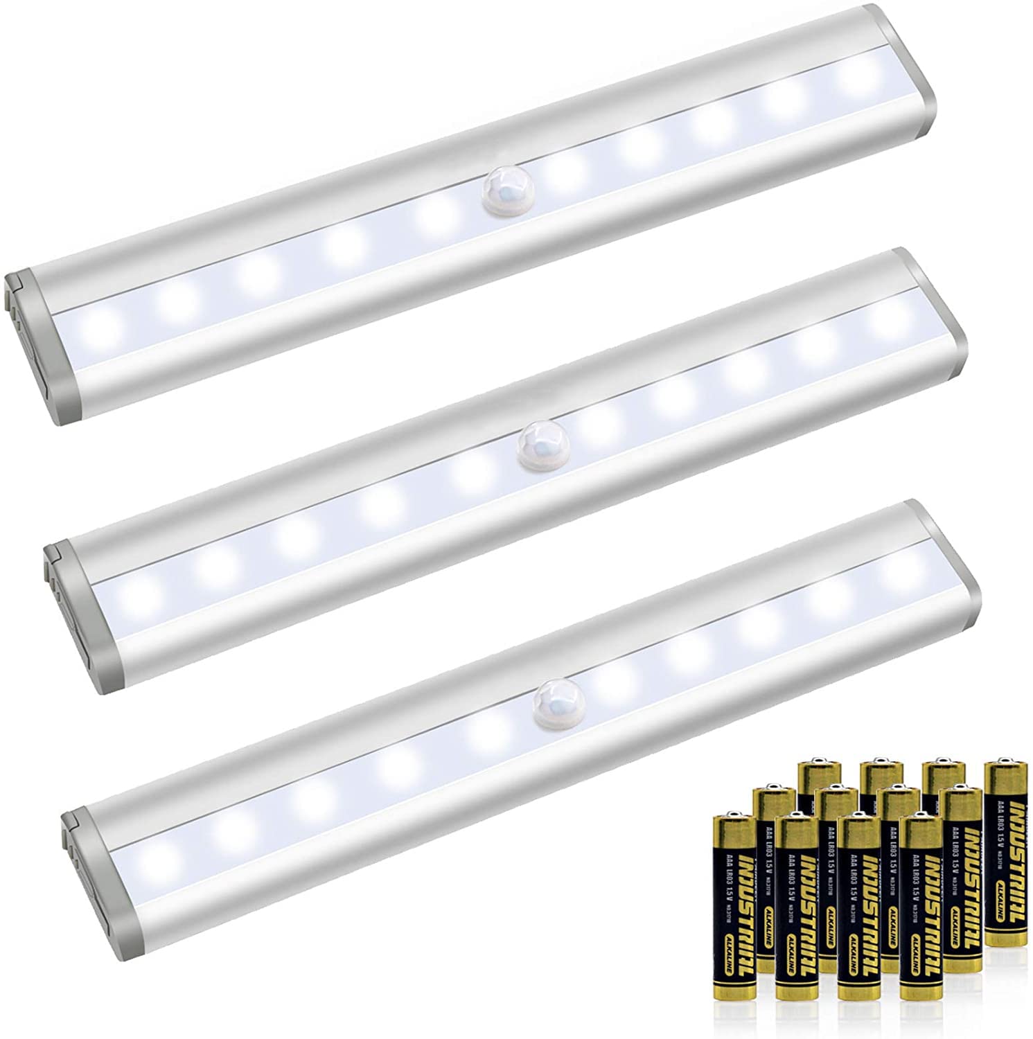 HOKOILN 10 LED Motion Sensor Closet Lights - Battery Operated Stick-On Night Light Bars for Wardrobe, Cabinet, Stairs - 3 Pack with Batteries (Ideal for Bedrooms, Hallways & Dark Spaces)