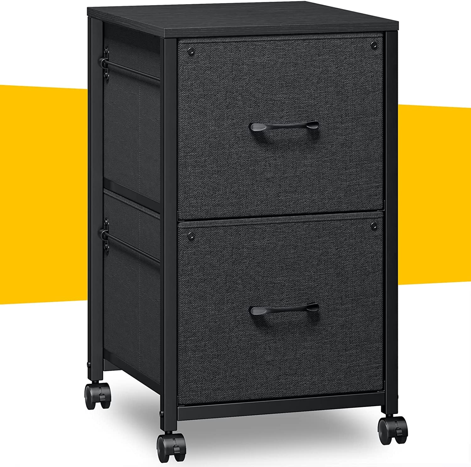 Raybee 2-Drawer Fabric File Cabinet with Wheels - Small Rolling Lateral Filing Cabinet for Home Office, Fits A4 Letter Legal Size Documents, Black - Perfect as Printer Stand or Office Storage Organizer