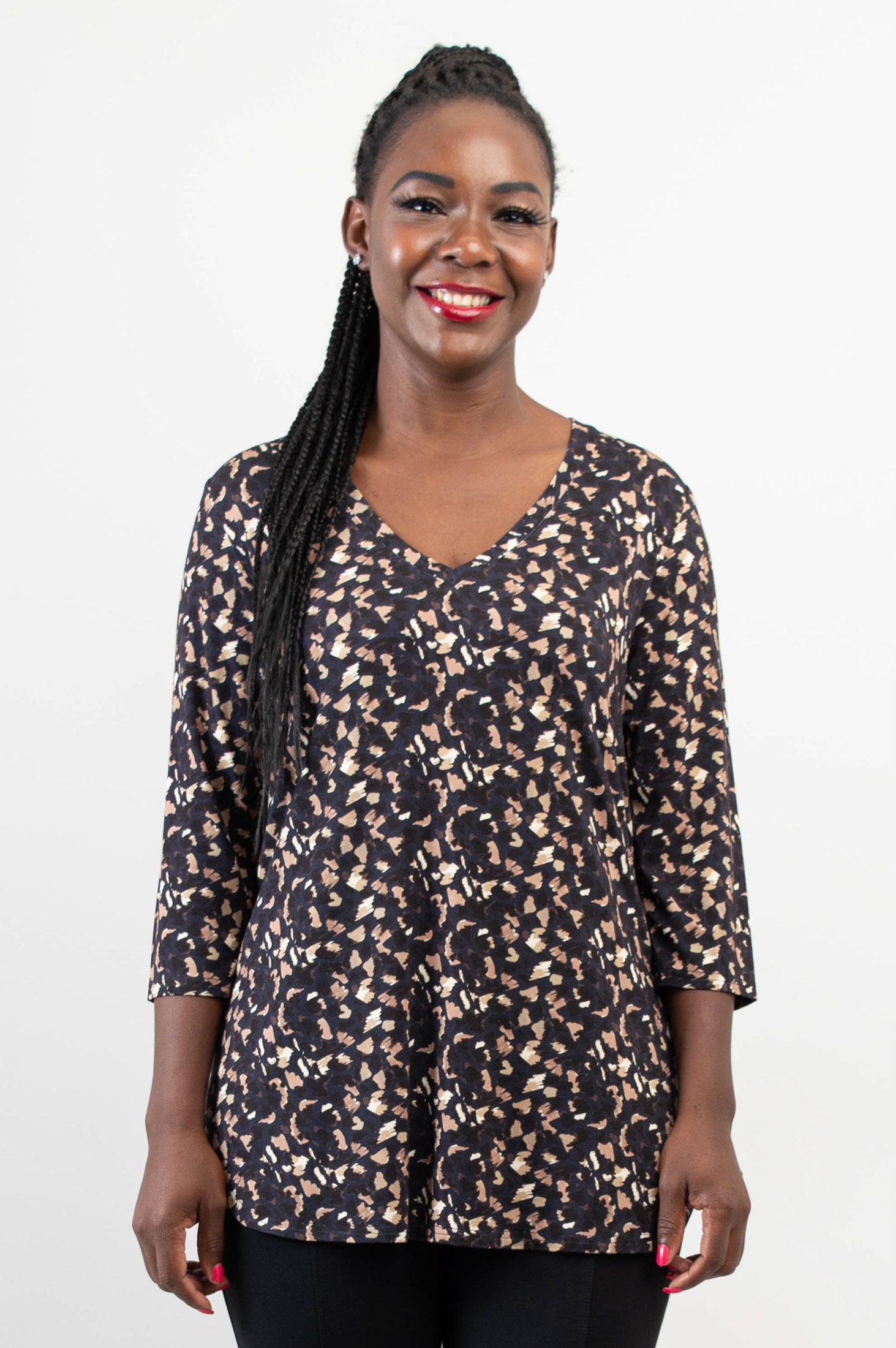 Jackie 3/4 Sleeve Women's Top - Soft Bamboo Fabric with Calico Print - Breathable & Comfortable for Yoga, Work & Casual Wear