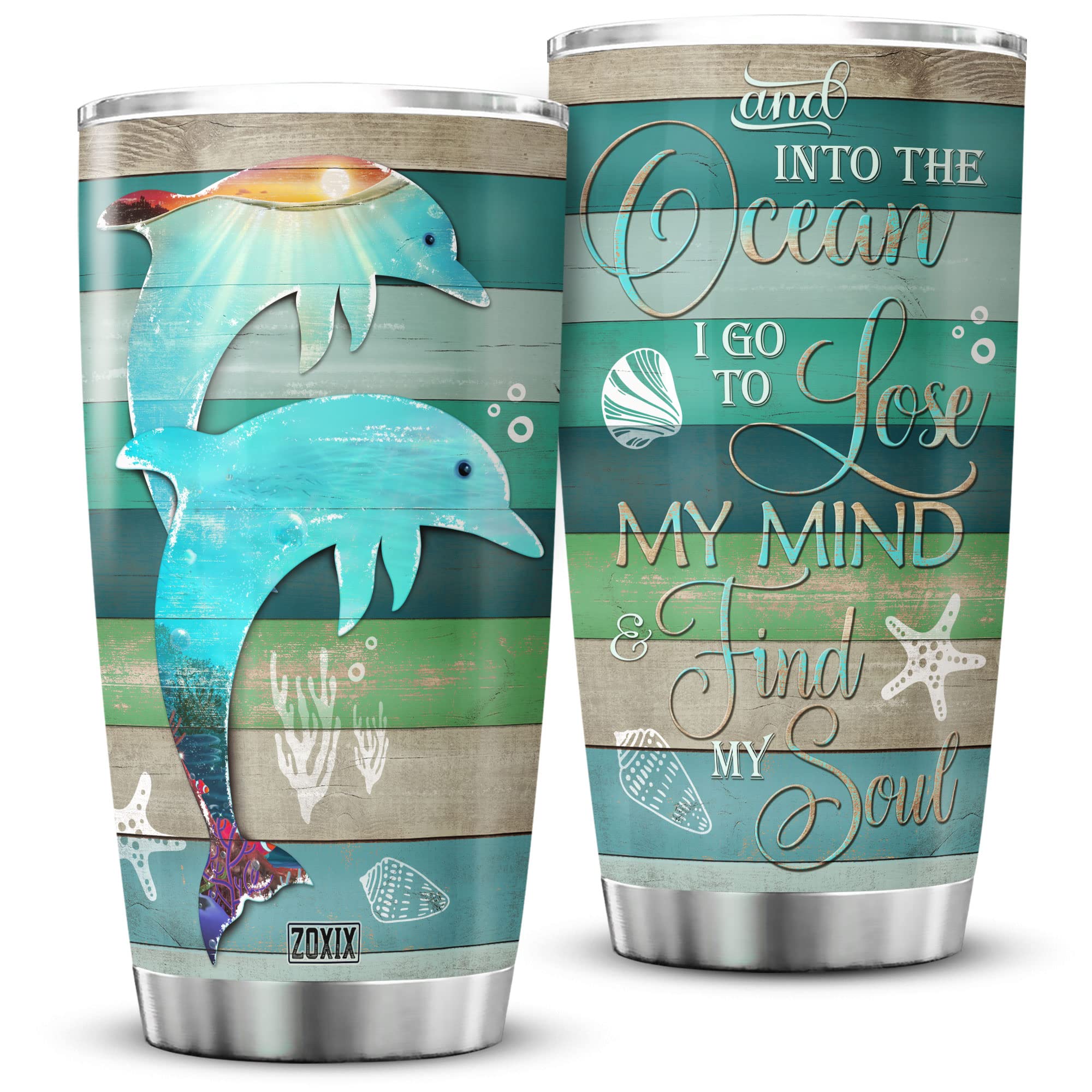 ZOXIX Vintage Dolphin Tumbler 20oz - Insulated Stainless Steel Coffee Cup with Lid - Ocean Inspired Travel Mug for Women & Girls - Perfect for Beach Trips, Office Use & Gifts