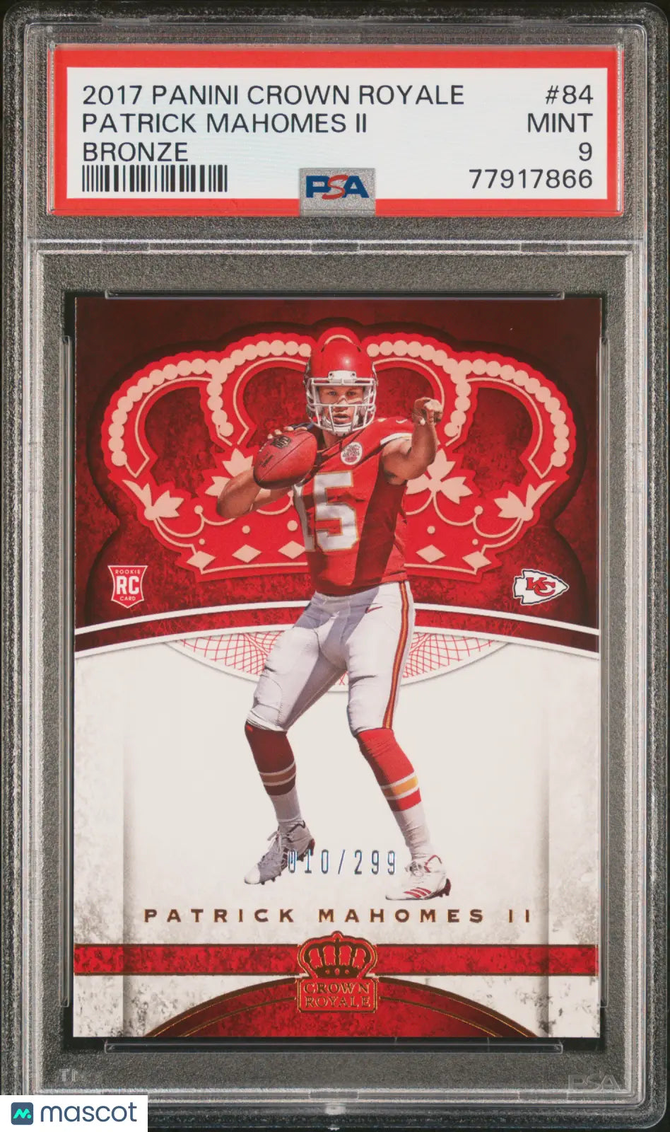 2017 Panini Crown Royale Patrick Mahomes II Rookie Card RC Bronze PSA 9 /299 - NFL Football Collectible for Sports Memorabilia Fans