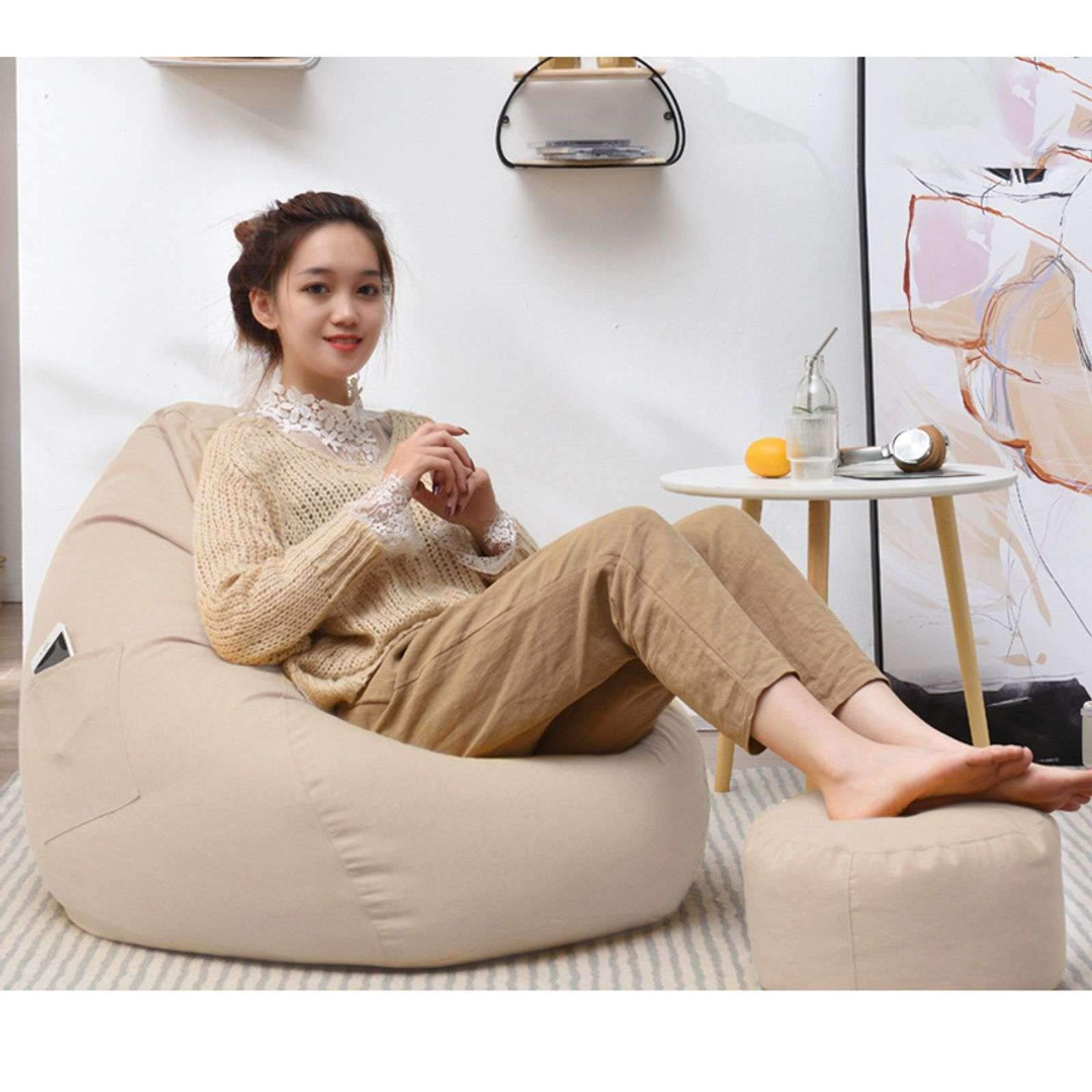 Washable Bean Bag Chair Cover Only (No Filling) - XL Khaki Sofa Slipcover with Inner Liner Pocket for Adults, Teens & Kids - Perfect for Living Rooms, Dorm Rooms & Game Rooms