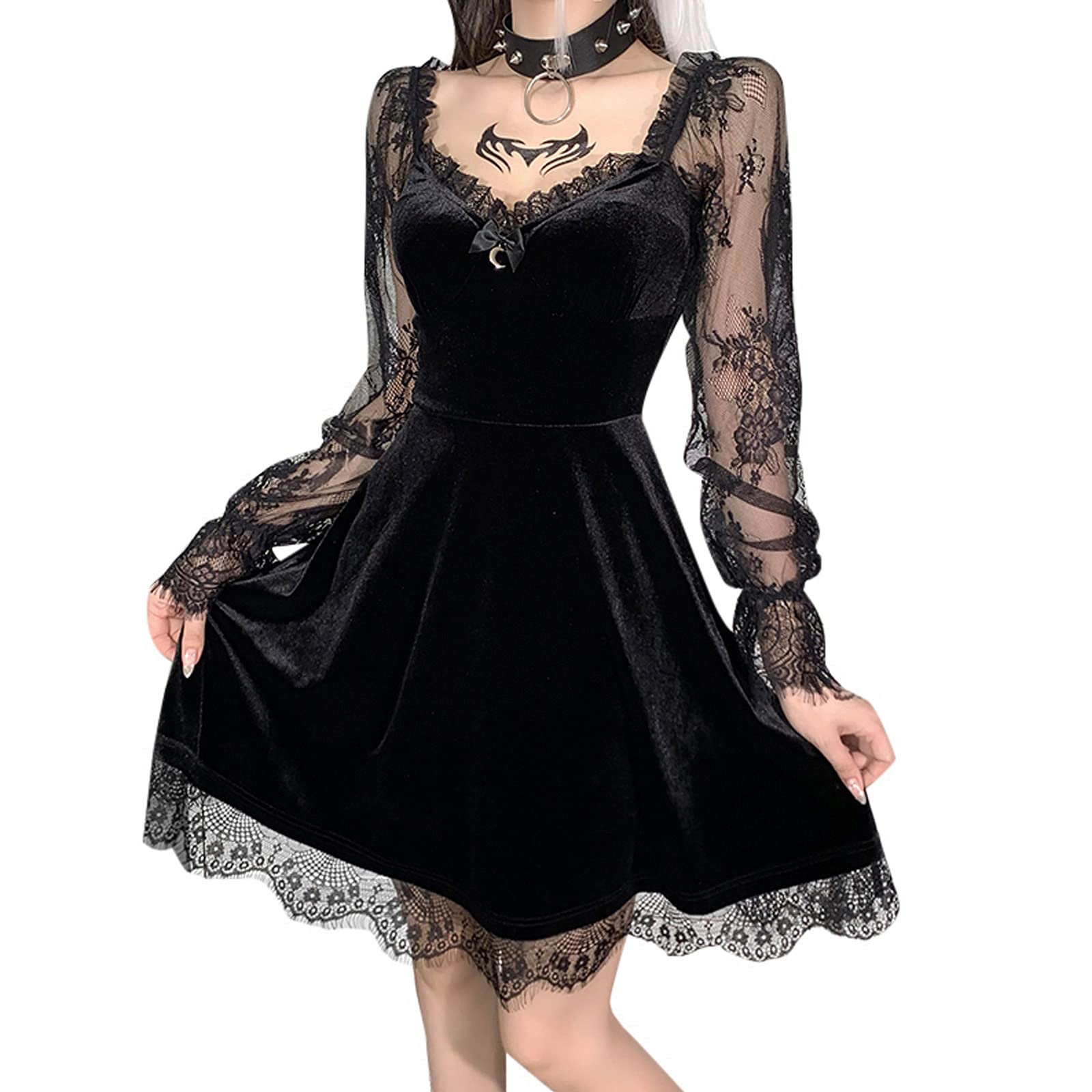Gothic Punk Lace Bandage Dress for Women - Black Transparent Sleeve Bodycon Dress for Nightclub, Halloween & Alternative Fashion