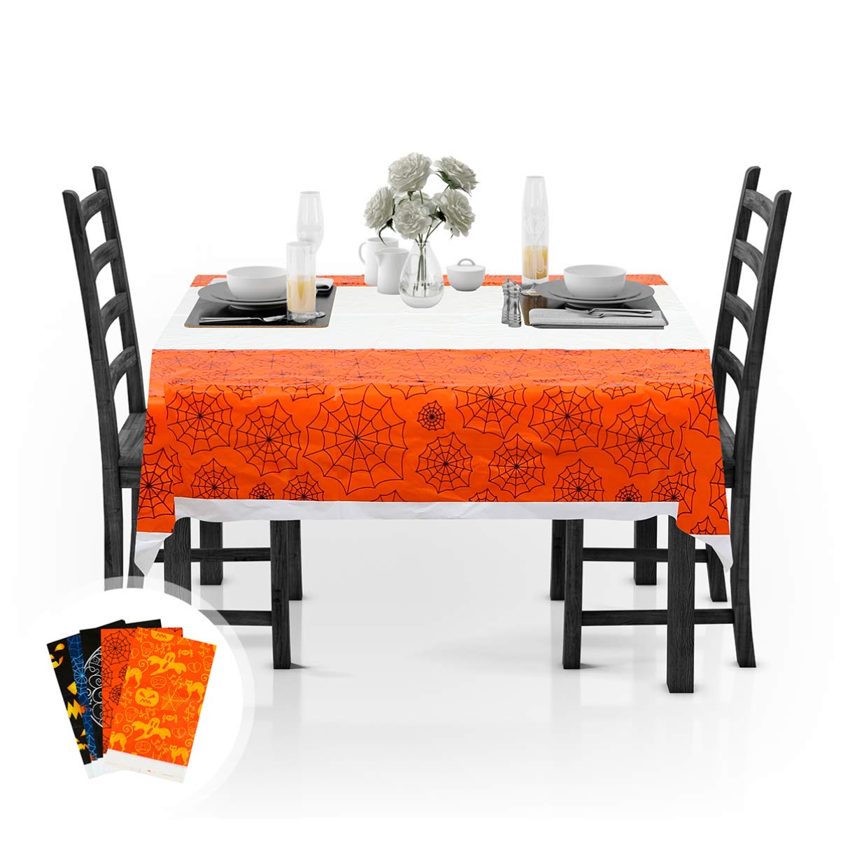 PRETYZOOM Halloween Tablecloth Set - 5-Piece Oblong Table Cover with Pumpkin, Cobweb & Spider Design for Halloween Party Decorations | Spooky Dining Table Decor, Kitchen Decor, Holiday Home Decor