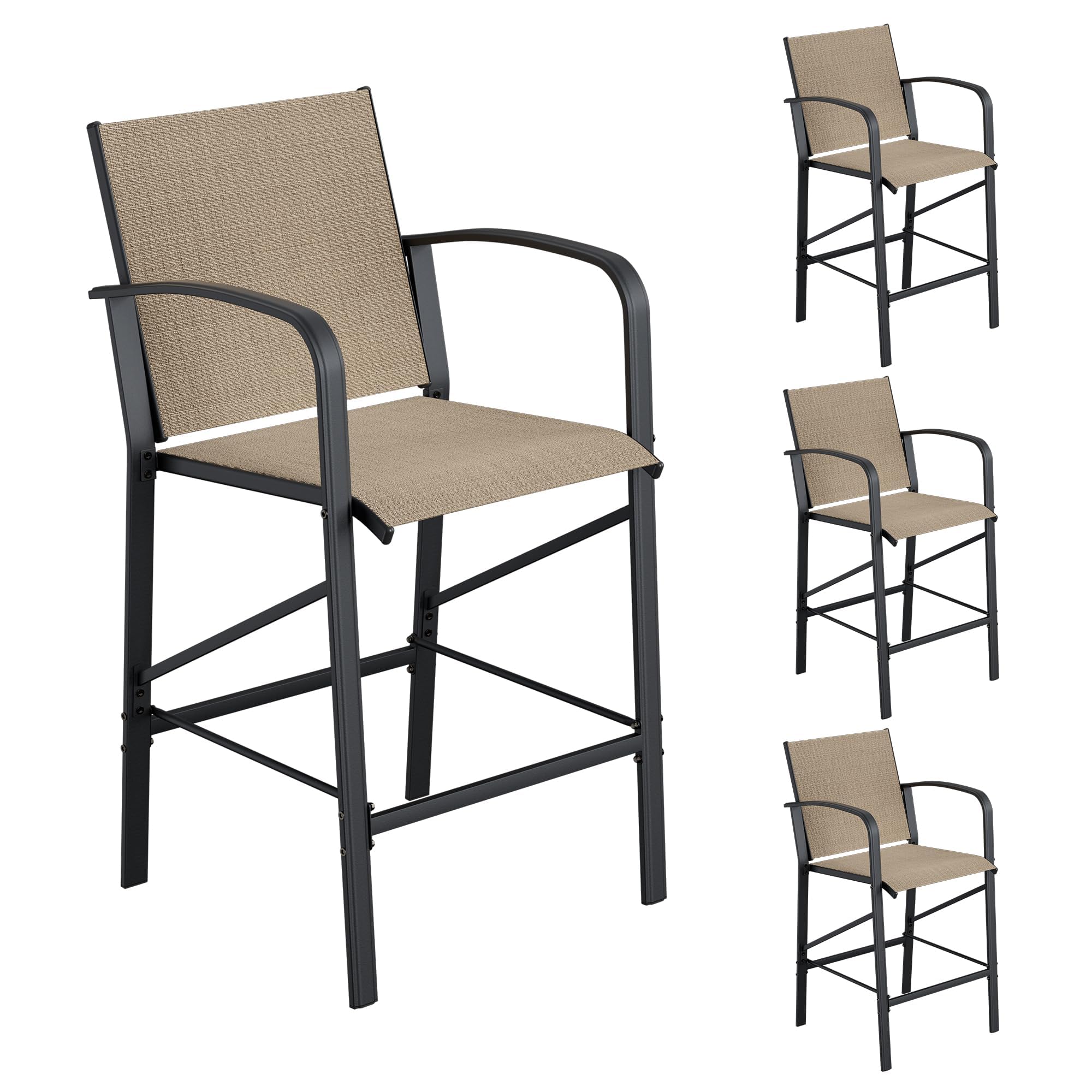 4-Piece Outdoor Bar Stools Set - Heavy Duty 300lb Capacity All-Weather Mesh Bar Height Chairs for Patio, Deck, Backyard & Poolside - Comfortable Brown Seating Furniture