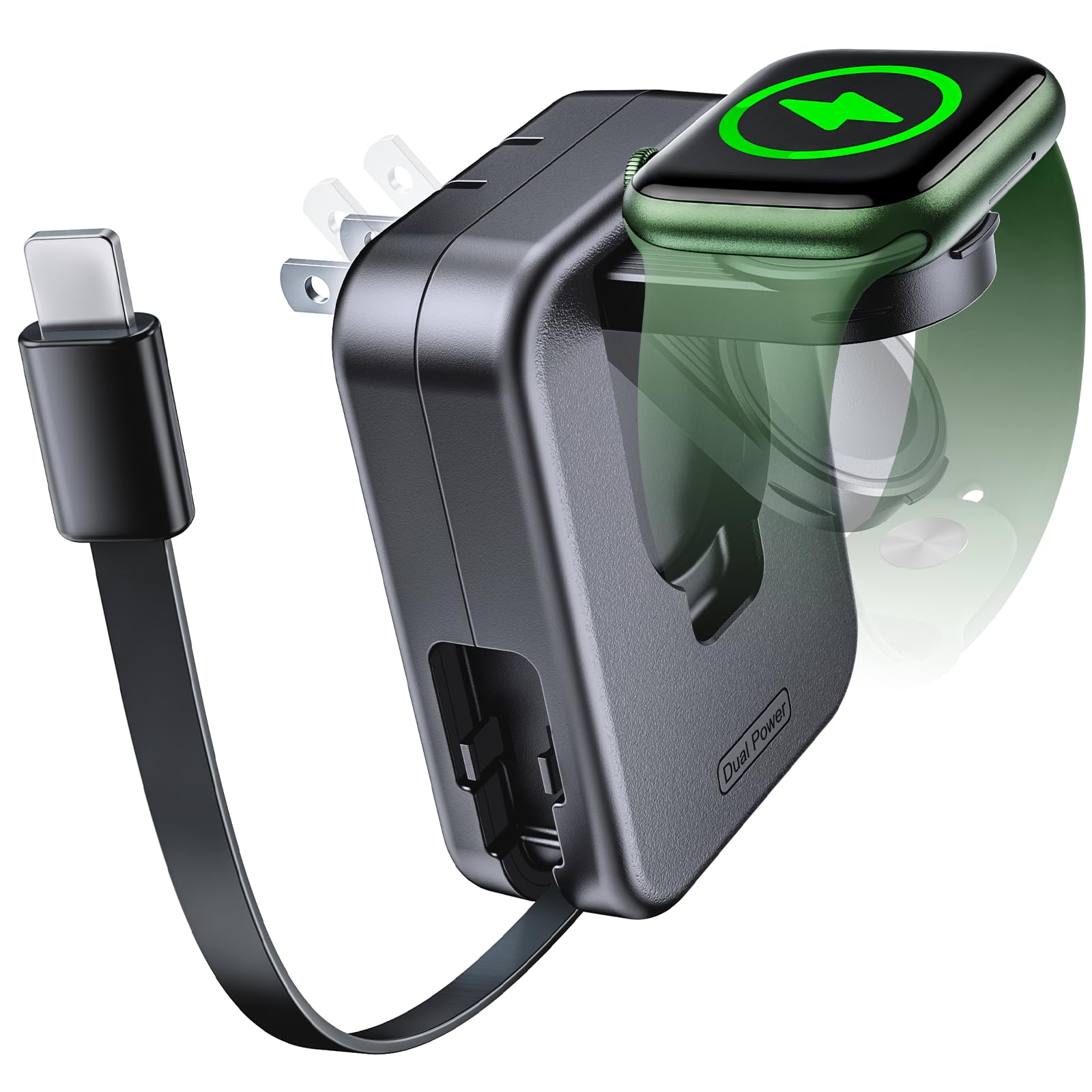 2 in 1 Apple Watch & iPhone Charger Block - Built-in Retractable Cable, Foldable Travel Plug Power Adapter for iWatch Series 9/8/7/SE & iPhone 15/14/13 - Perfect for Home, Office & Travel Charging