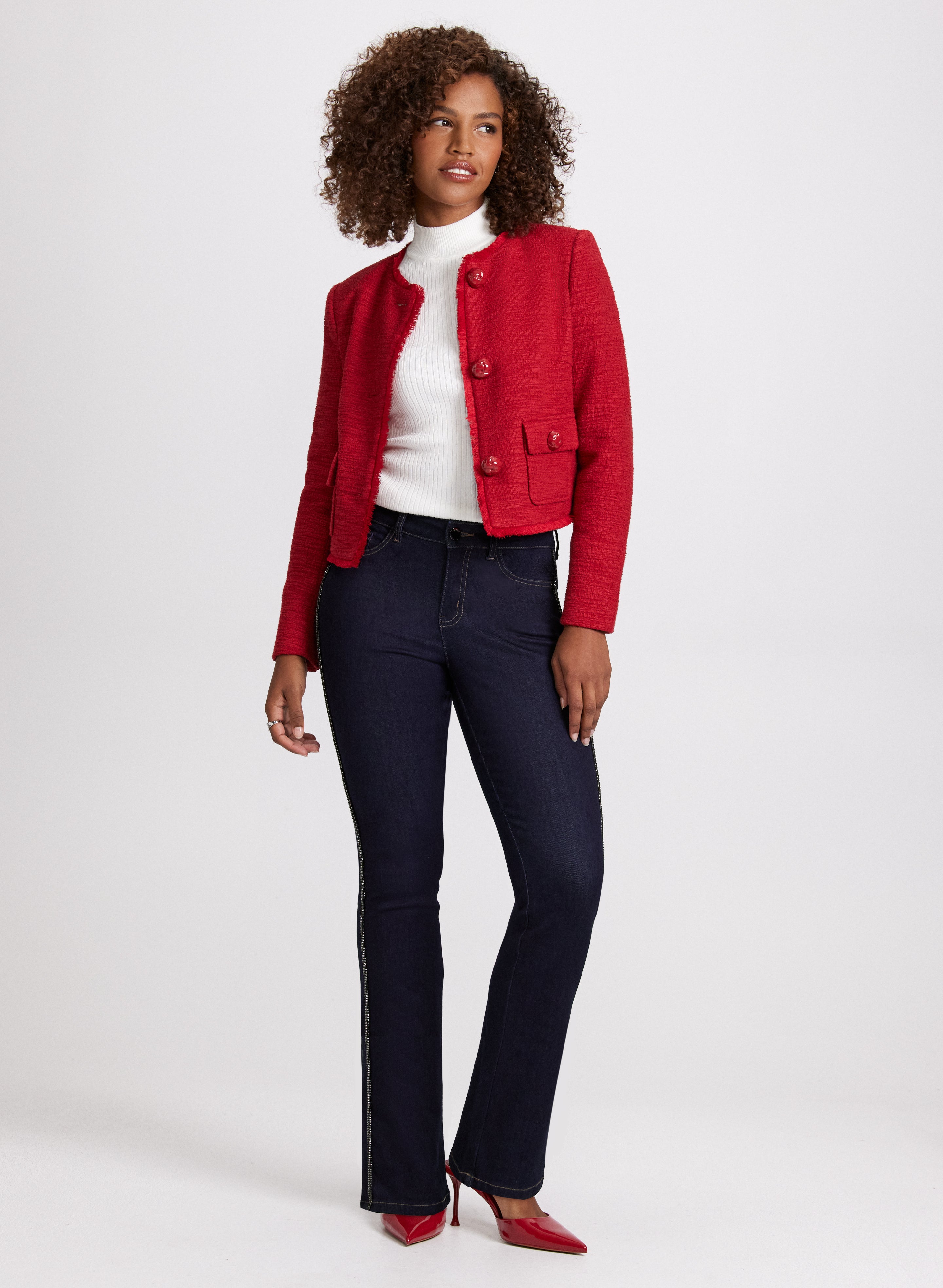 Stylish Bouclé Jacket & Beaded Detail Jeans Set - Trendy Women's Outfit for Casual Wear, Date Night & Office Chic