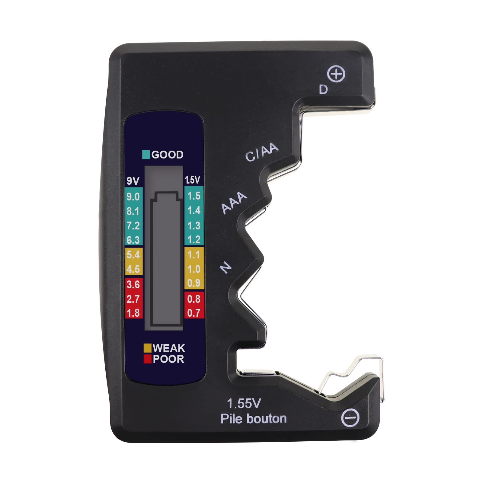 Battery Tester for AA AAA C D 9V 1.5V Button Cell - LCD Display with Clear Bar Graph, Compact Pocket Size - Perfect for Home, Office, and Emergency Kits