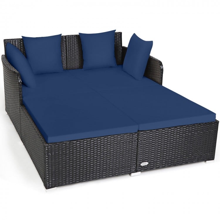 Premium Outdoor Rattan Daybed with Comfortable Upholstered Cushions & Navy Blue Pillows - Perfect for Patio, Poolside or Garden Relaxation
