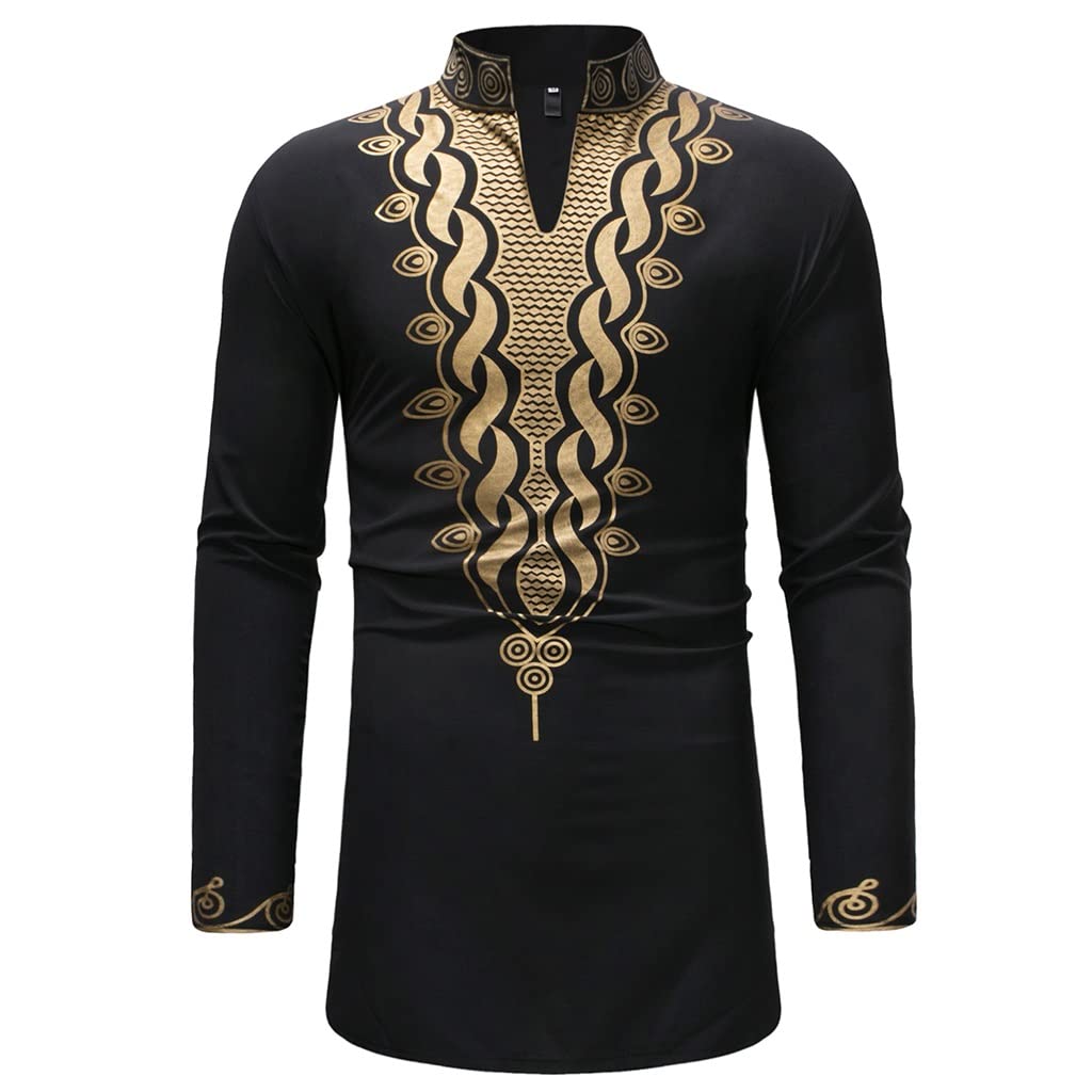 **Men's African Dashiki Shirt - Slim Fit Traditional Long Sleeve Printed Tunic with Side Slits | Plus Size Casual & Party Wear for Cultural Events, Weddings & Festivals**