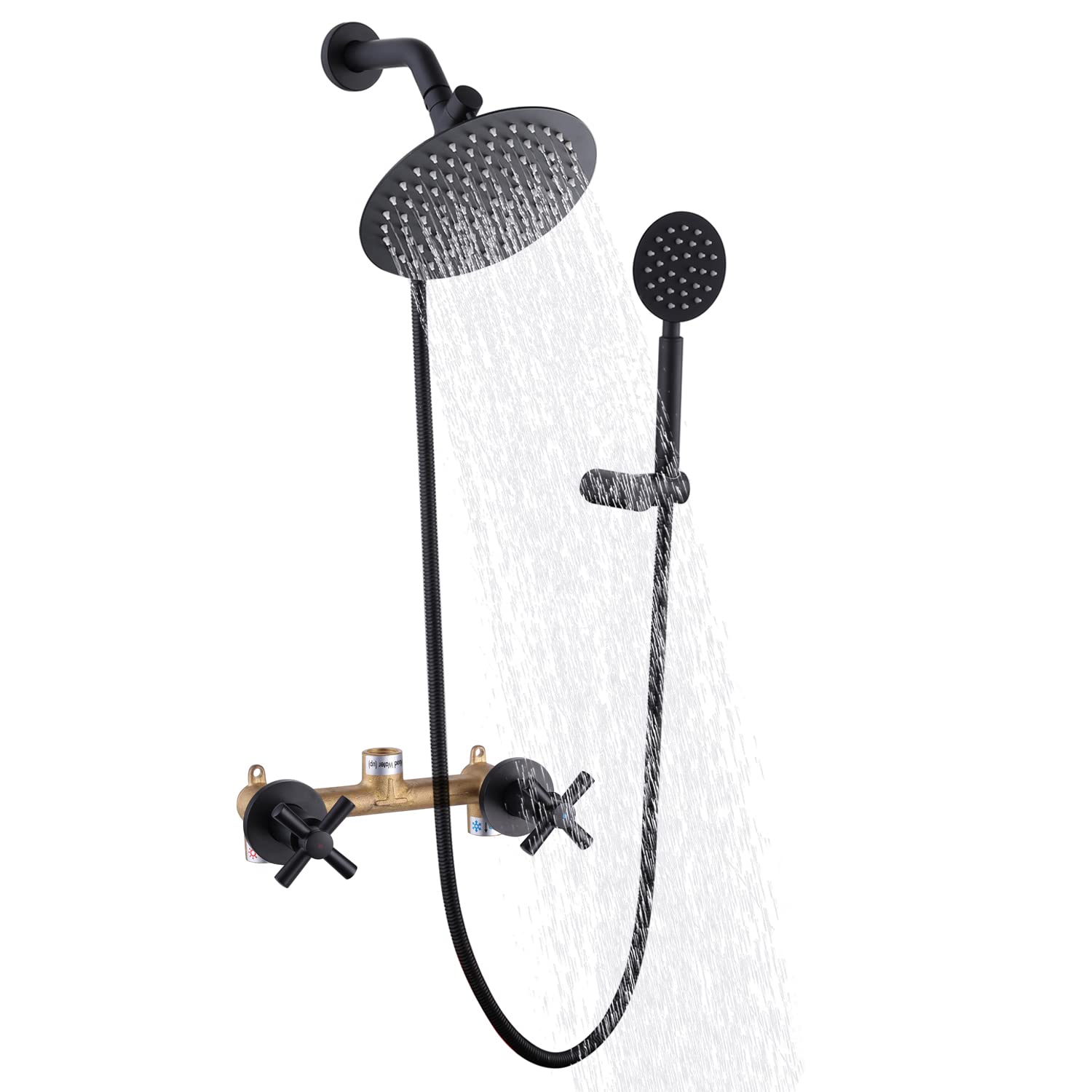 FSCEPIXI Matte Black 2 Handle Shower Faucet Set with Rain Shower Head & Handheld Shower Combo - Dual 2 in 1 Wall Mounted Bathroom Shower System for Modern Home & Spa Experience