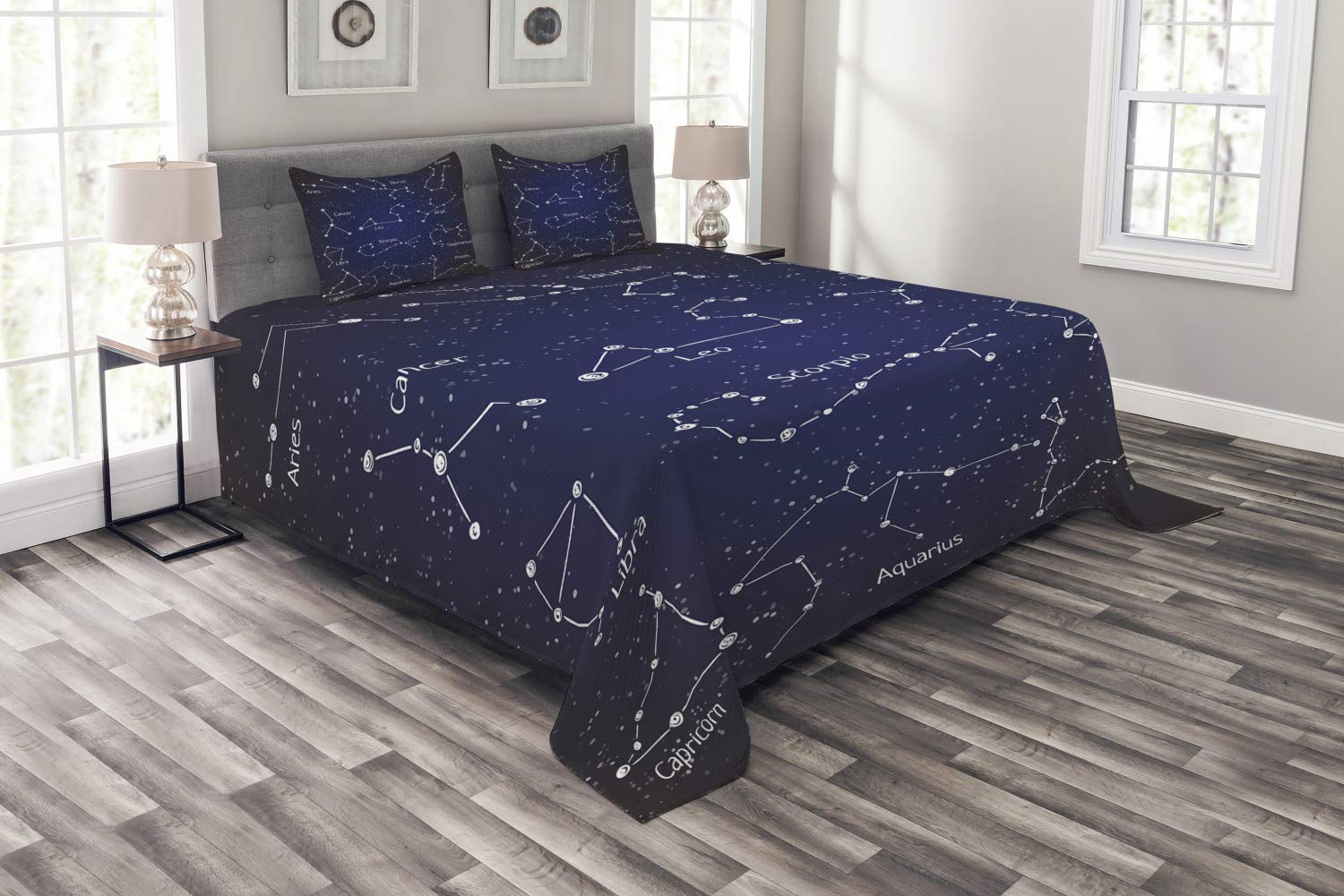 Ambesonne 3-Piece King Size Constellation Bedspread Set with 2 Pillow Shams | Zodiac Star Clusters & Sign Names in Doodle Chalk Style | Dark Blue, Blue & White Decorative Bedding | Perfect for Astronomy Lovers' Bedroom Decor