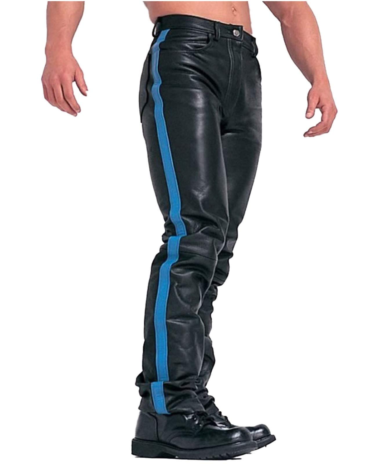 Men's Black Cow Leather Motorcycle Jeans with Blue Stripes - Stylish & Durable Biker Pants for Riding & Casual Wear
