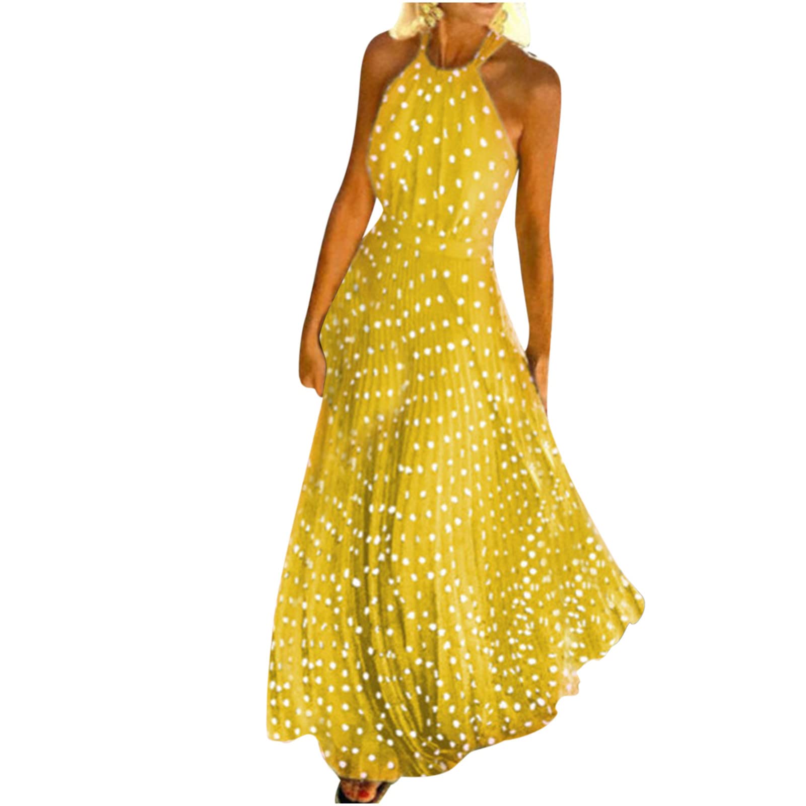 Women's Summer Dresses 2022 - Casual Sleeveless Round Neck Dot Print Sundress with Halter Neck & Zipper | Long Mermaid Dress with Embroidery Details | Perfect for Beach, Vacation & Outdoor Parties