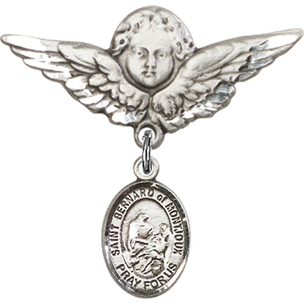 Sterling Silver Baby Badge Pin - St. Bernard of Montjoux Charm & Angel Wing Pendant - Perfect for Christening, Baptism, First Communion & Baby Shower Gifts