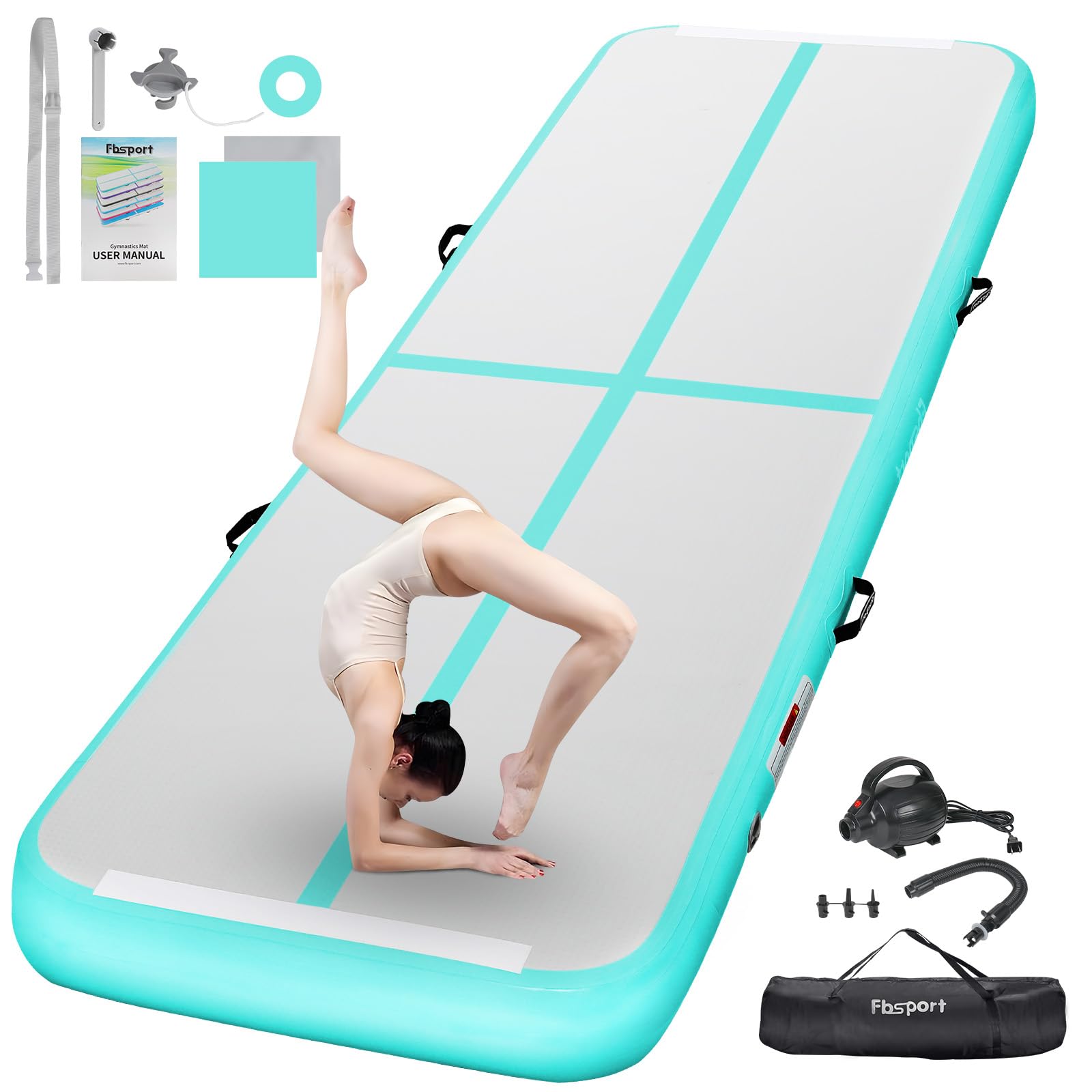 FBSPORT Inflatable Air Gymnastics Mat - 4/8 Inch Thick Training Mat for Home Gym, Cheerleading, Yoga & Water Exercises - Includes Air Pump - Perfect for Indoor/Outdoor Fitness & Kids Play