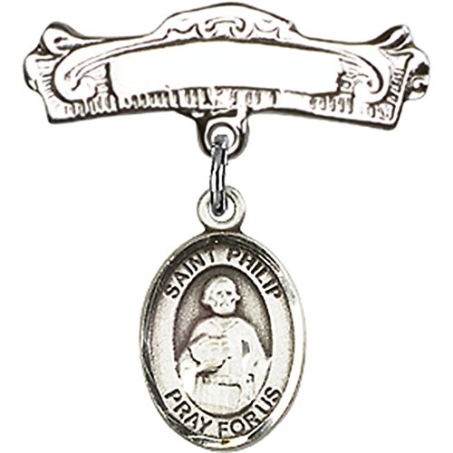 St. Philip The Apostle Sterling Silver Baby Badge - 7/8 X 7/8 Inch Arched Polished Charm Pin for Christening, Baptism & First Communion Gifts