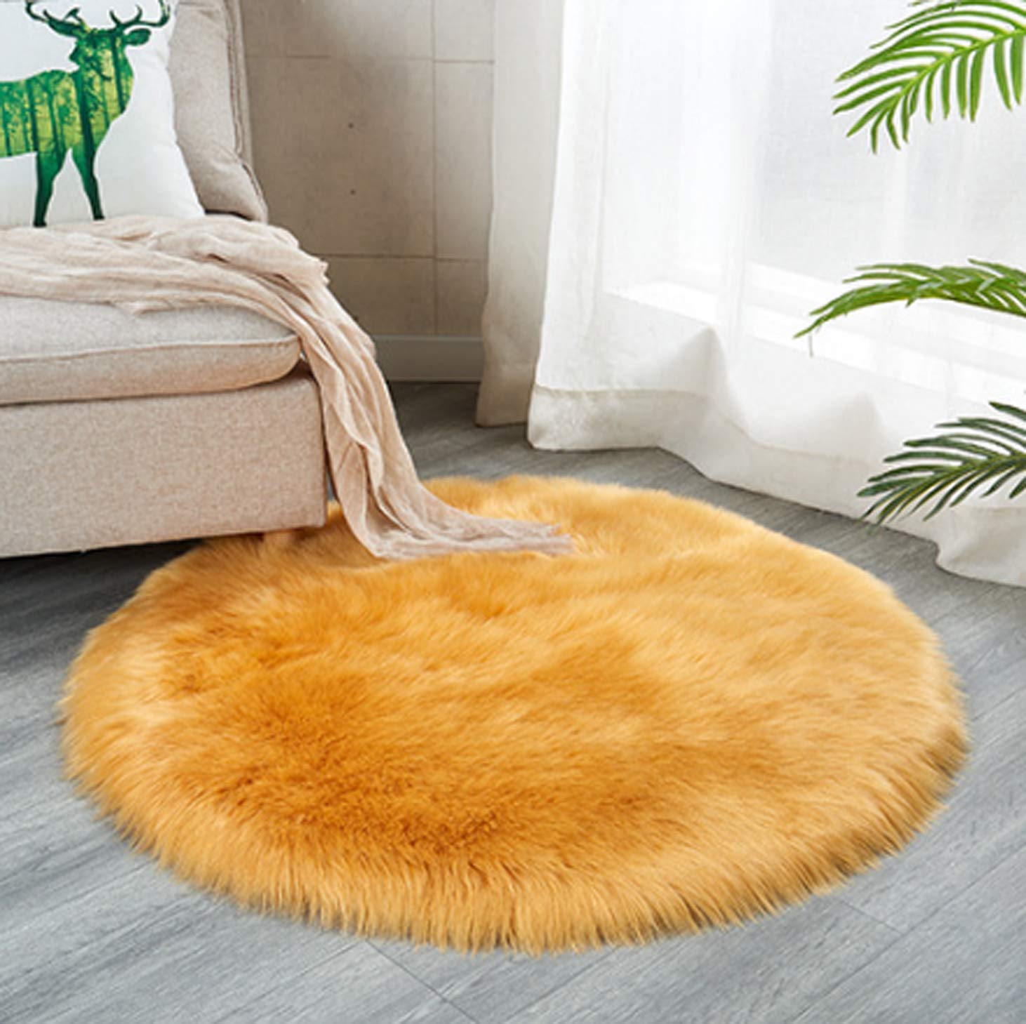 Soft Faux Sheepskin Round Area Rug - 4ft Silky Shag Fluffy Carpet for Living Room, Bedroom, Nursery - Orange Decorative Floor Rug for Girls Room, Home Decor & Cozy Spaces