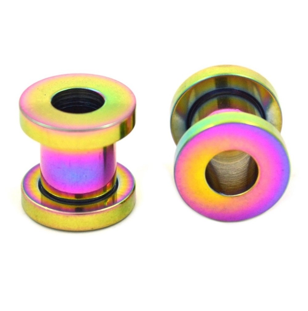 Oil Slick Multicolor Titanium Surgical Steel Screw-on Plugs & Gauges - 1 Pair (2 Pieces) - Perfect for Ear Stretching & Body Jewelry