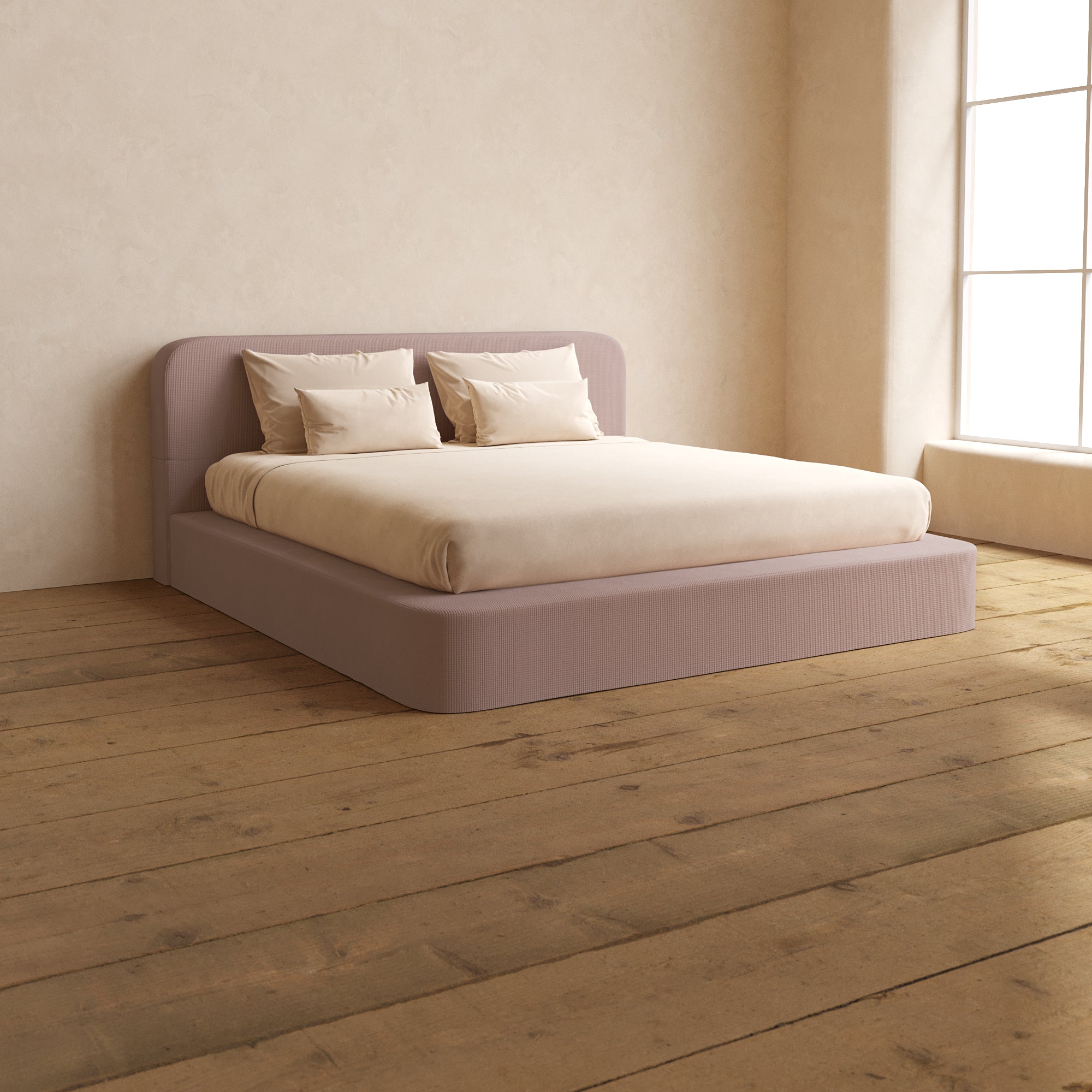 King Upholstered Platform Bed with Headboard - Modern Mizu Weave Design in Sakura Pink | Queen Size Bed Frame for Master Bedroom & Guest Room | Elegant Upholstered Bed for Home Decor