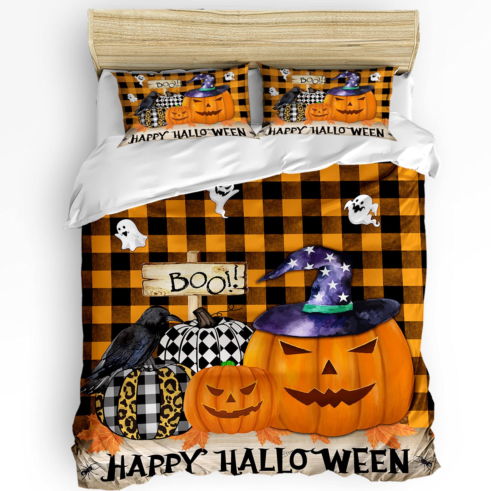 3-Piece Halloween Check Pumpkin Luxury Duvet Cover Set - California King Size with 2 Pillowcases | Soft Breathable Microfiber Bedding for Kids, Teens & Adults | Orange & Black Buffalo Plaid Design | Perfect for Spooky Bedroom Decor & Holiday Gifts