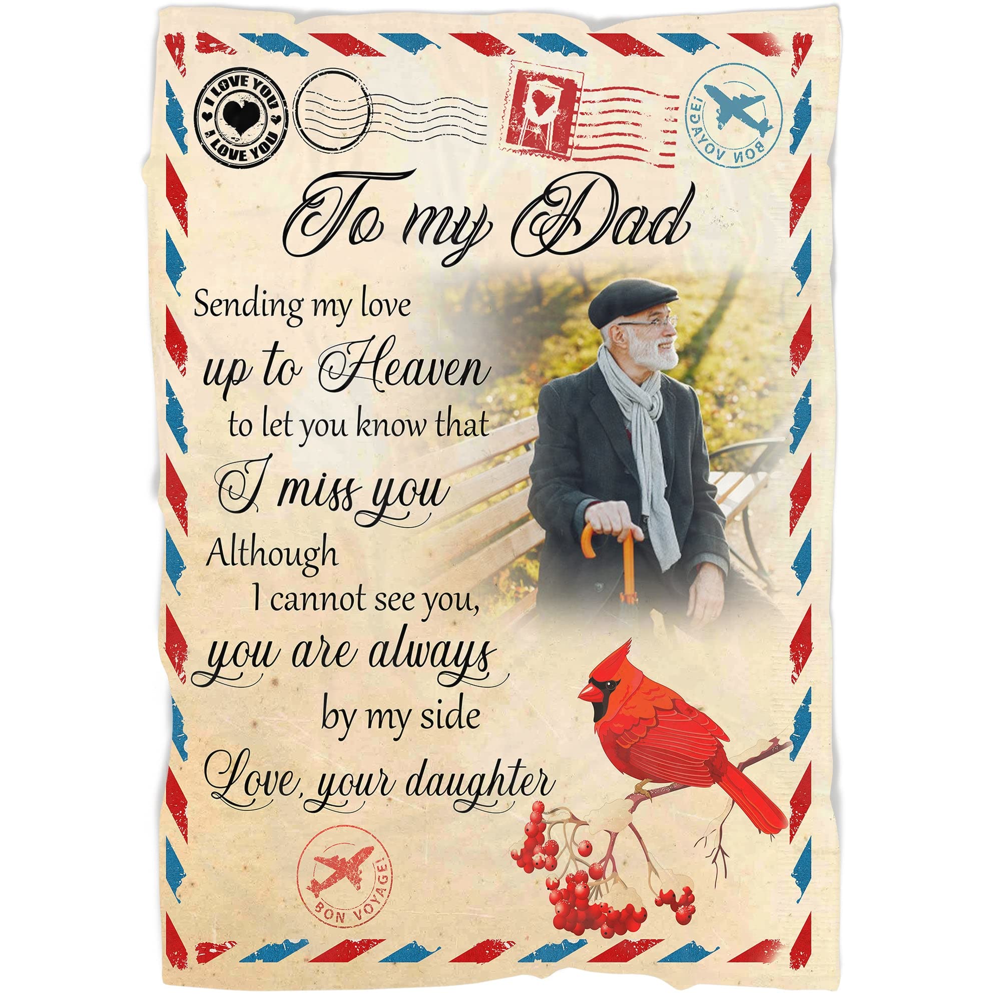 Personalized Memorial Fleece Blanket for Dad in Heaven - Cardinal Letter Blanket for Loss of Father - Sympathy Gift to Remember Dad | Comforting Keepsake for Grieving Families, Home Memorial, Healing After Loss