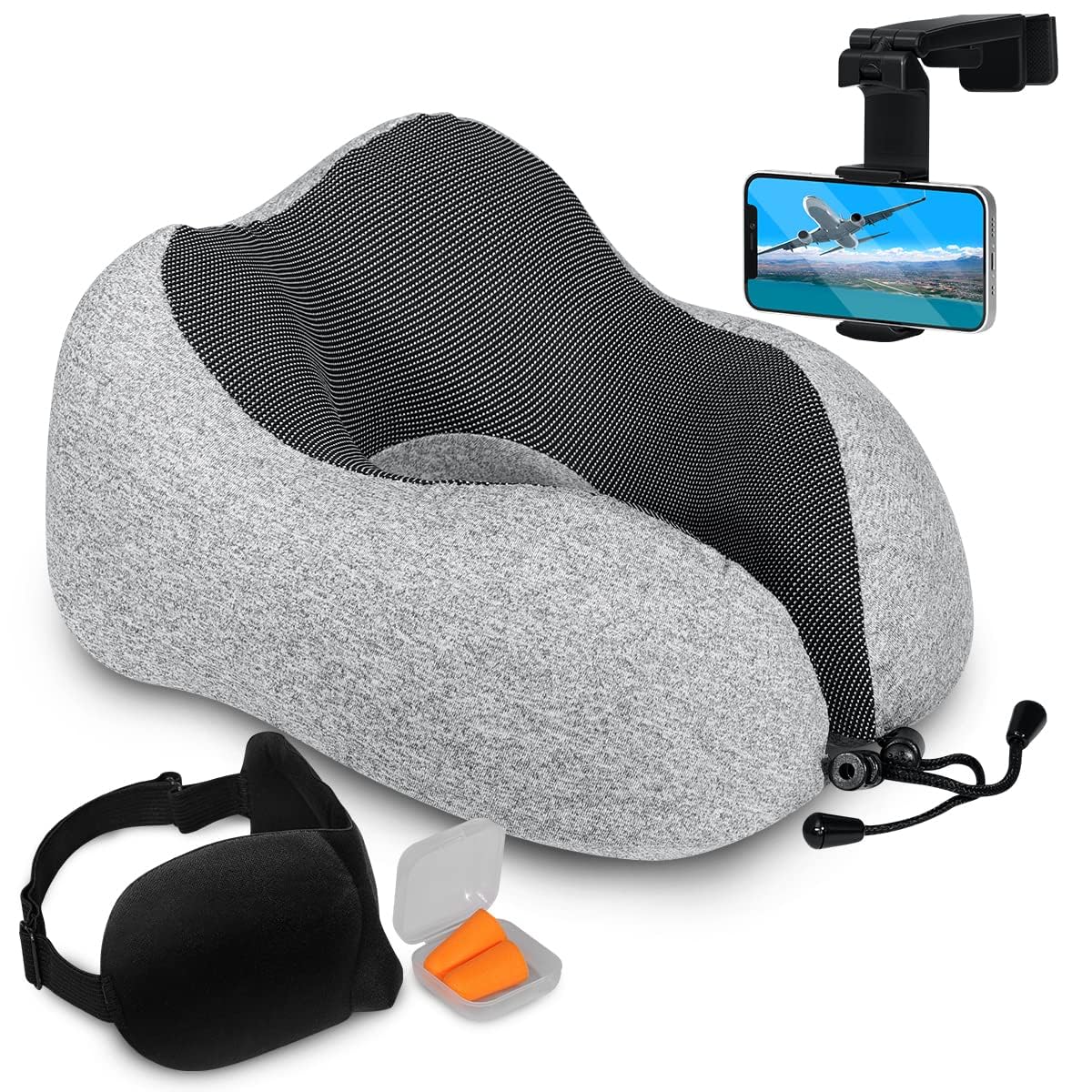 Airplane Neck Pillow Set - 100% Pure Memory Foam Travel Pillow with Phone Holder, Eye Mask & Earplugs | 5-Piece Travel Accessories Kit for Long Flights, Road Trips & Commuting