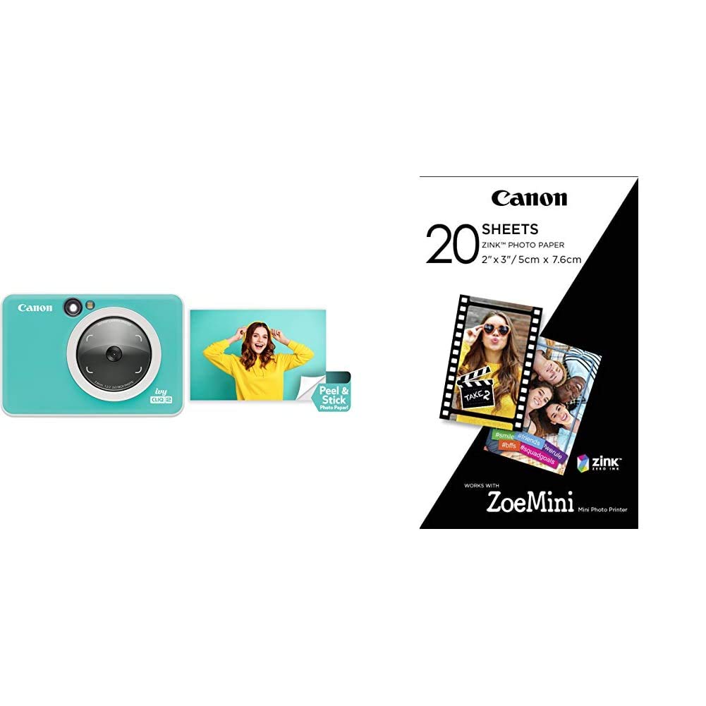 Canon Ivy CLIQ 2 Instant Camera & Mini Photo Printer with Zink Technology - Includes 20-Sheet Photo Paper Pack (Turquoise Matte) | Perfect for Travel, Parties, and DIY Scrapbooking