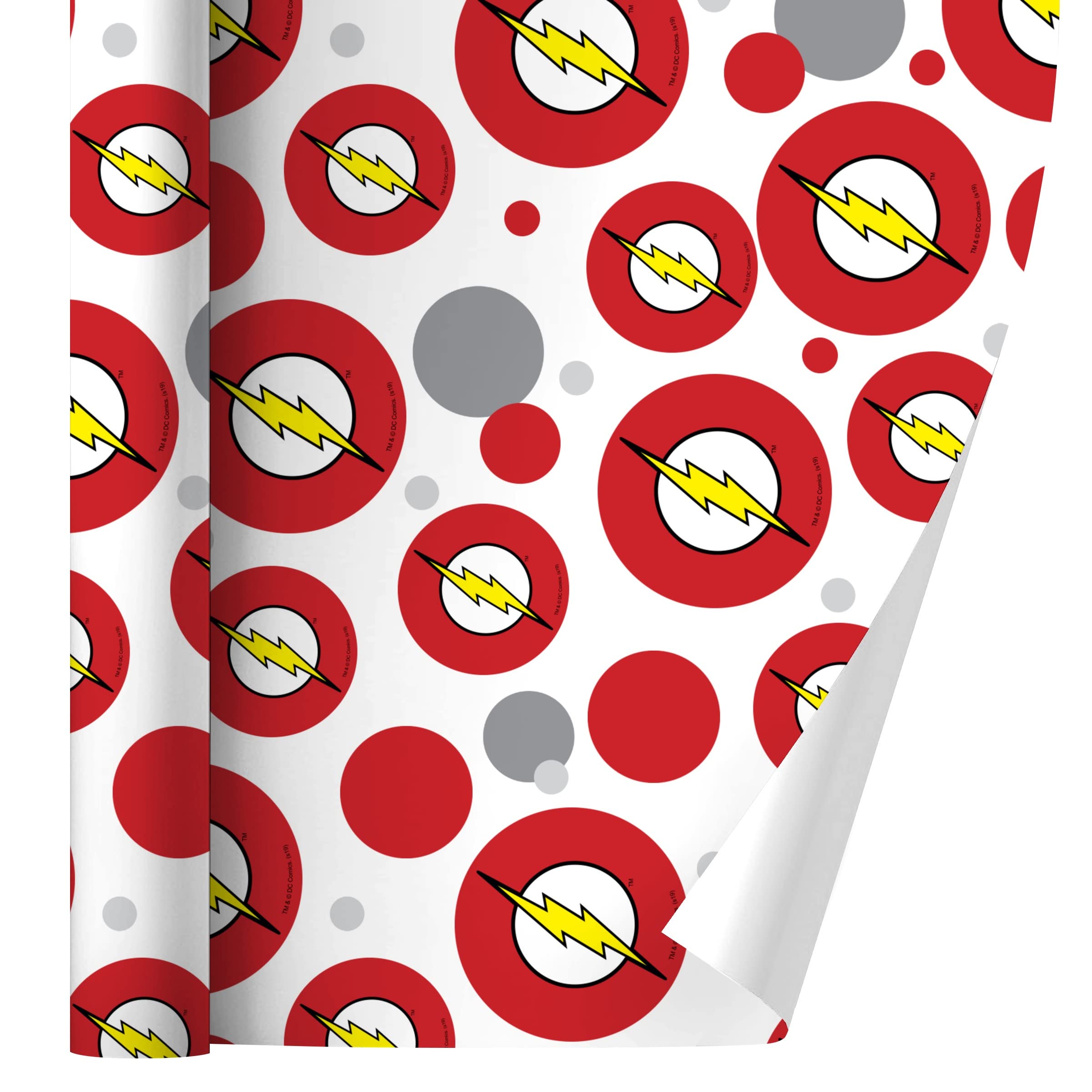 The Flash Lightning Bolt Logo Gift Wrap Roll - DC Comics Superhero Wrapping Paper for Birthdays, Holidays & Party Decorations