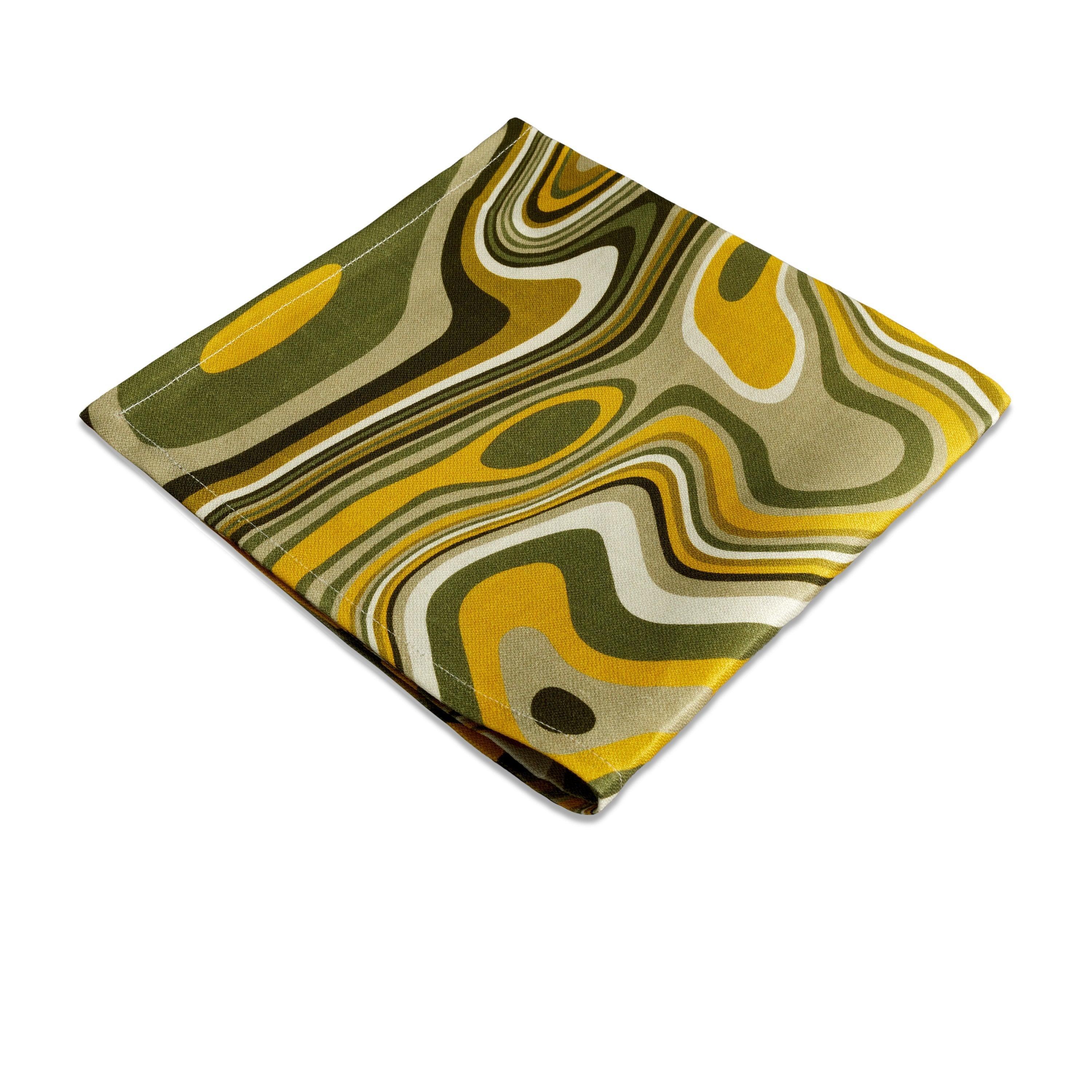 Premium Linen Sateen Wave Design Napkins - Set of 4 (Green & Yellow) - Elegant Dinner Party & Wedding Table Decor