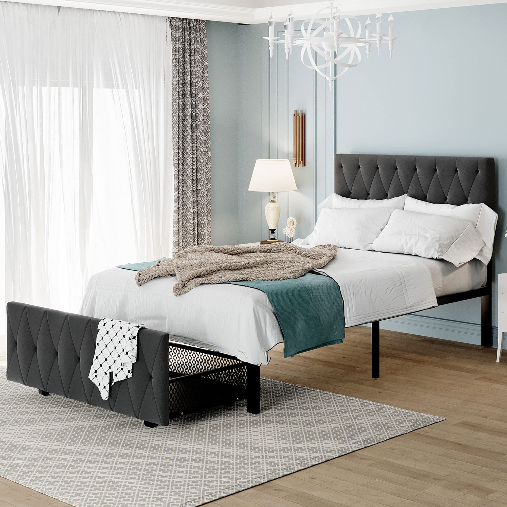P PURLOVE Twin Size Upholstered Platform Bed with Storage Drawers - Metal Frame, Pull-Out Drawers & Headboard - Perfect for Small Bedrooms, Guest Rooms & Studio Apartments