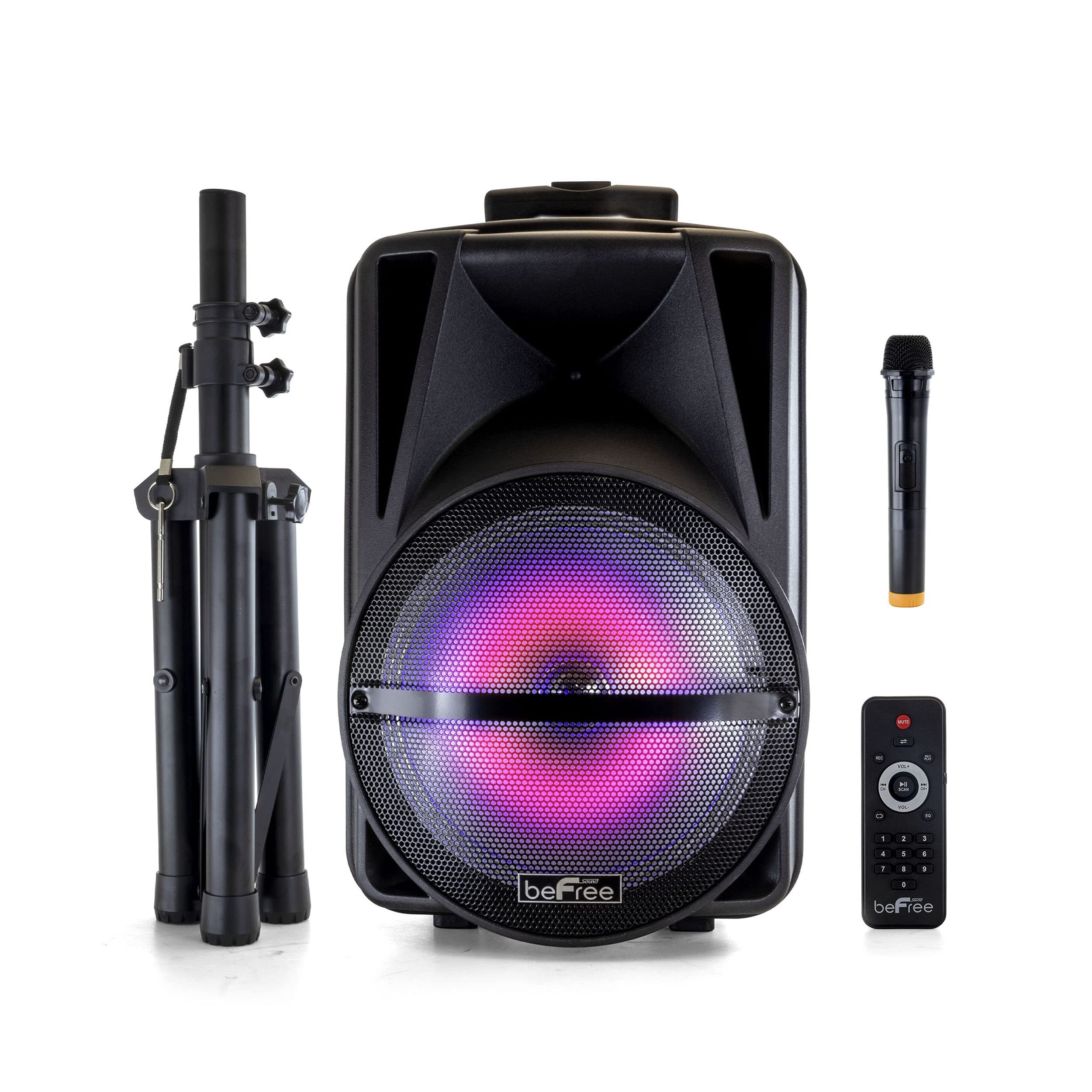 beFree Sound 12 Inch Bluetooth Portable PA Speaker with Rechargeable Battery, LED Lights & Stand - Perfect for Outdoor Parties, Events & DJ Performances