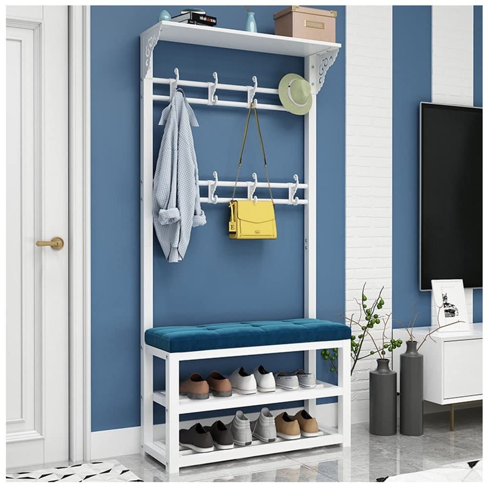 Large Entryway Coat Rack with Shoe Bench & Storage Shelf - 3-in-1 Hall Tree Organizer for Mudroom, Foyer or Hallway - White Metal Frame with 8 Hooks & Seat Cushion (80x30x172cm) - Perfect for Organizing Shoes, Coats & Accessories in Small Spaces