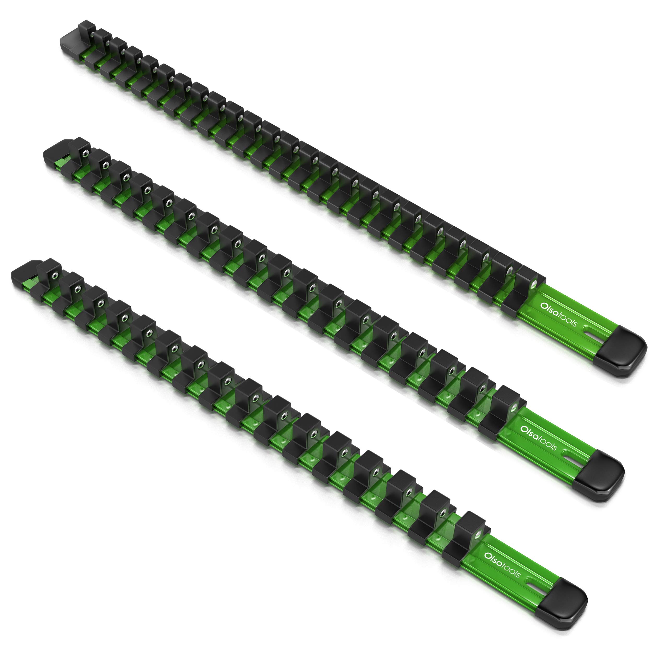 Olsa Tools 3-Piece Socket Organizer Set (Green) - Heavy Duty 1/2