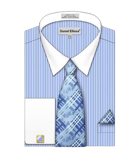 Daniel Ellissa Pinstriped French Cuff Dress Shirt DS3826P2 Light Blue | Formal Business Attire & Special Occasions