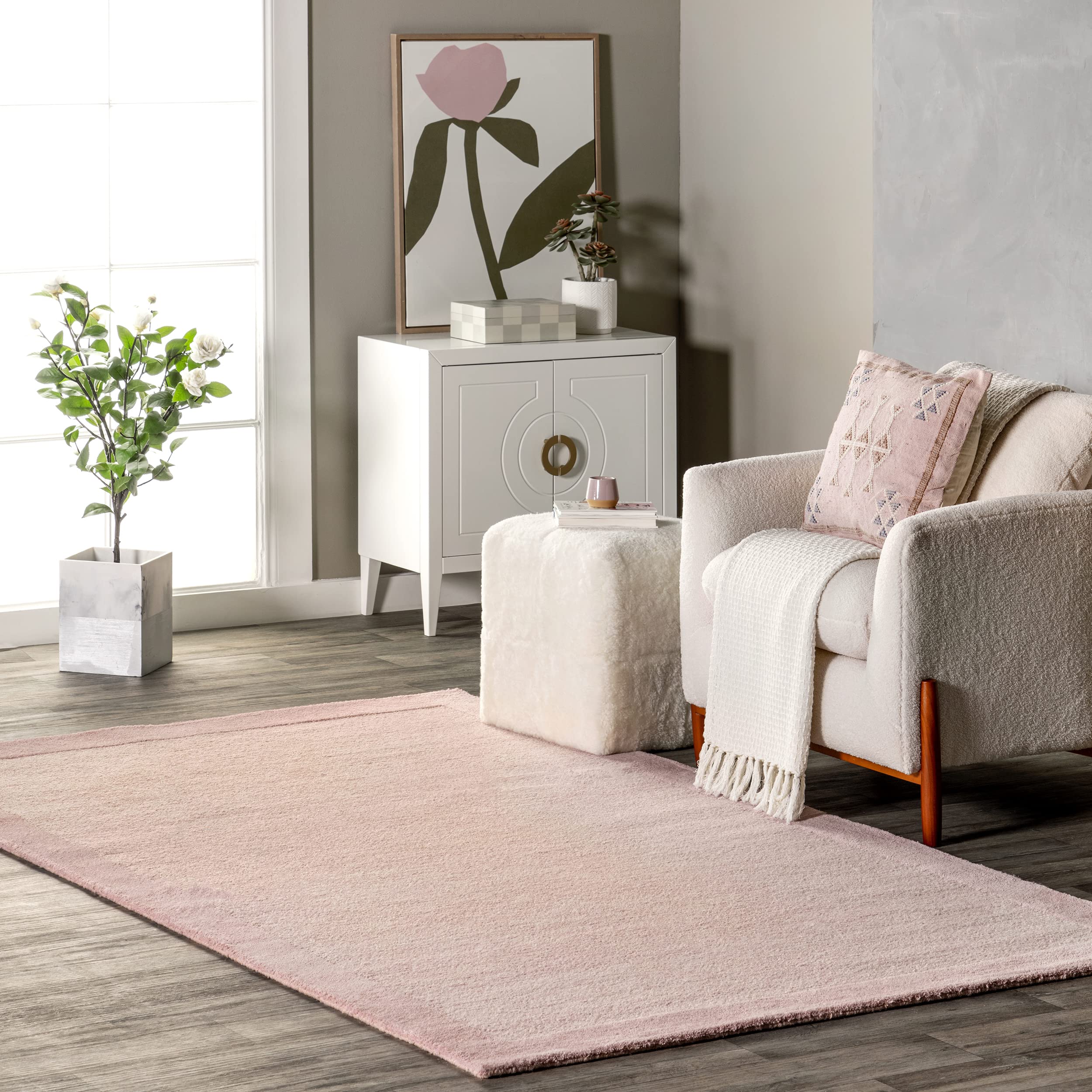 nuLOOM Marianne Handmade Wool Border Area Rug 5x8 ft, Soft Baby Pink - Perfect for Nursery, Bedroom & Living Room Decor