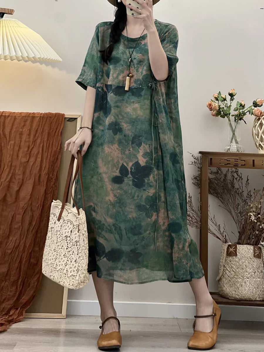 Plus Size Summer Floral Print Loose Fit Ramie Dress for Women - Comfortable Vacation & Beach Wear for Travel